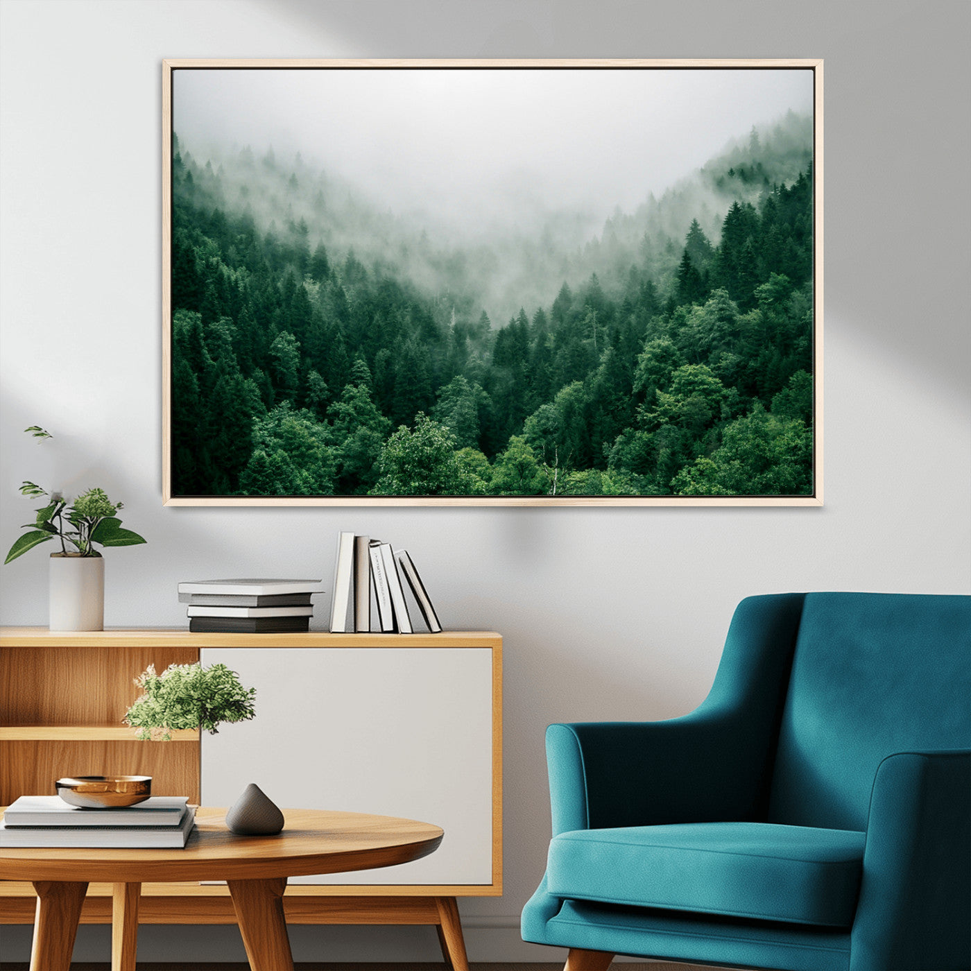 45265379-MGV-CV-36X24-Misty Green Forest Canvas Print – Framed Serene Foggy Pine Landscape Tranquil Nature Wall Art for Home, Office