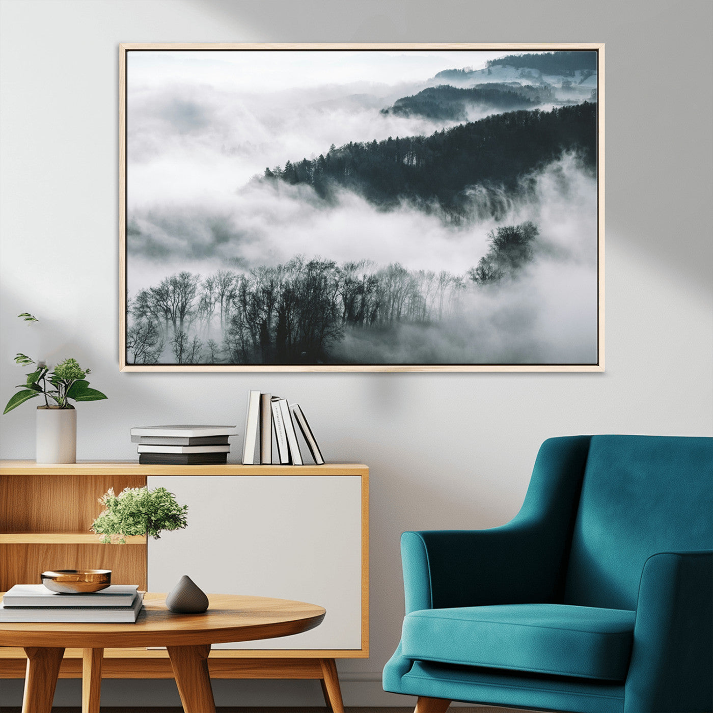67569654-MGV-CV-36X24-Foggy Forest Landscape Wall Art Canvas Print – Misty Mountain Valley Scene Monochrome Tones Nature Artwork for Home Office