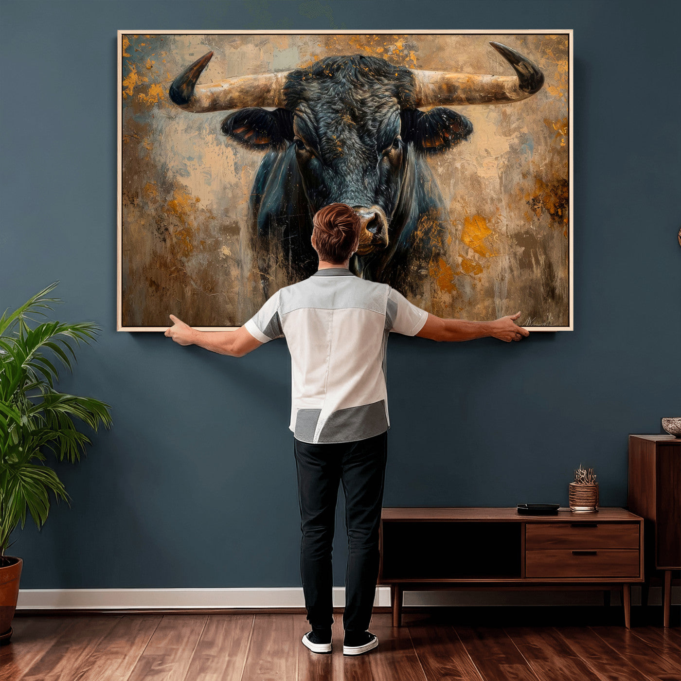 91615410-MGV-CV-36X24 - Abstract Texas Longhorn Bull Wall Art – Rustic Farmhouse Canvas Print, Western Cabin Style Decor, Large Animal Artwork for Living Room or Office