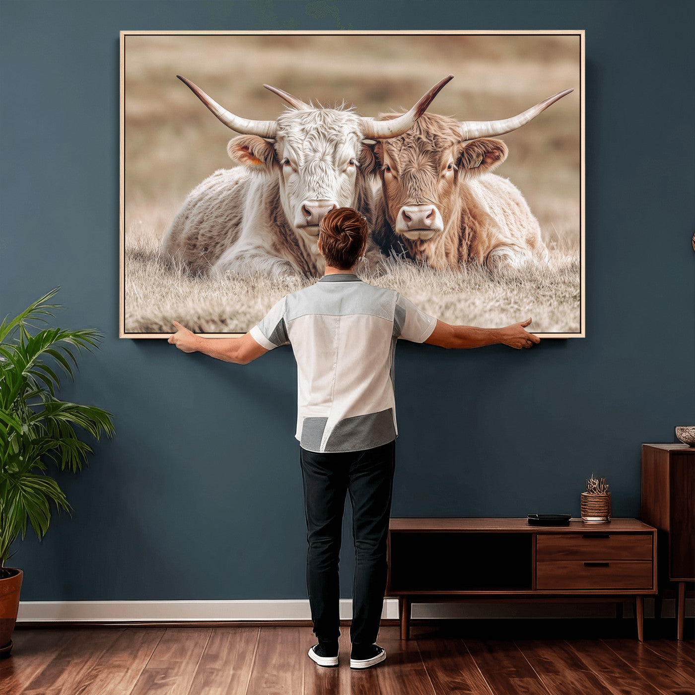38651722-MGV-CV-36X24 - Highland Cows Meadow Canvas Wall Art – Peaceful Cow Photography Print, Rustic Farmhouse Animal Decor for Country Home, Living Room, Office