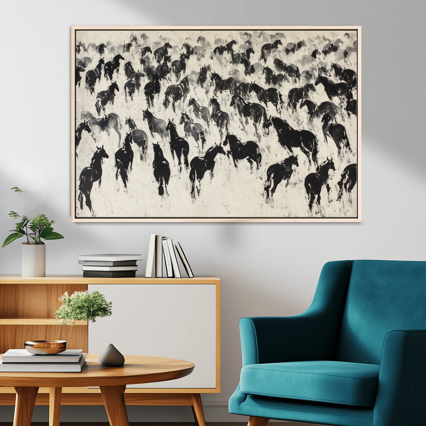 -Wild Horse Stampede Wall Art Canvas Print – Monochrome Running Horses Dynamic Motion Elegant Scene Artwork for Home, Office