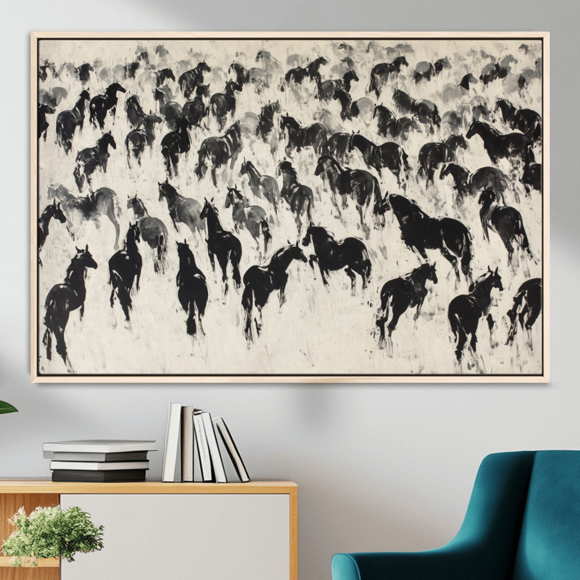 29265745-MGV-CV-36X24-Wild Horse Stampede Wall Art Canvas Print – Monochrome Running Horses Dynamic Motion Elegant Scene Artwork for Home, Office