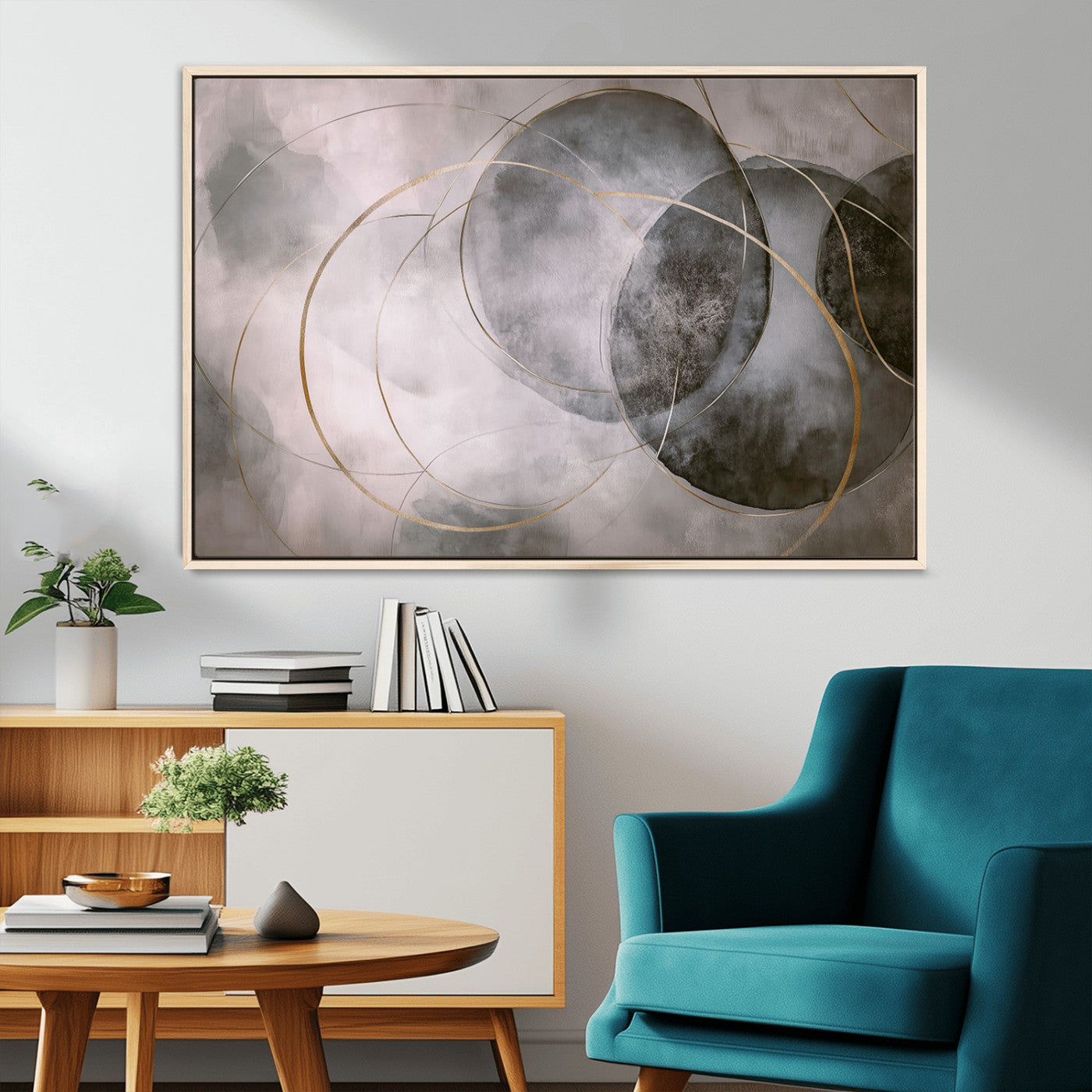 20066876-MGV-CV-36X24-Abstract Grey Gold Circle Wall Art – Modern Geometric Canvas Artwork, Minimal Elegant Design, Luxury Wall Decor for Home, Office