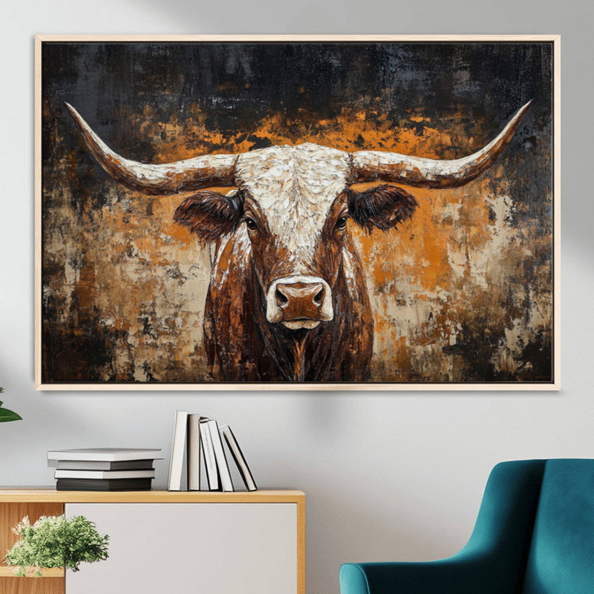 25265572-MGV-CV-36X24-Rustic Longhorn Bull Wall Art Canvas Print – Vintage Western Cattle Scene, Texas Steer Artwork for Home, Office