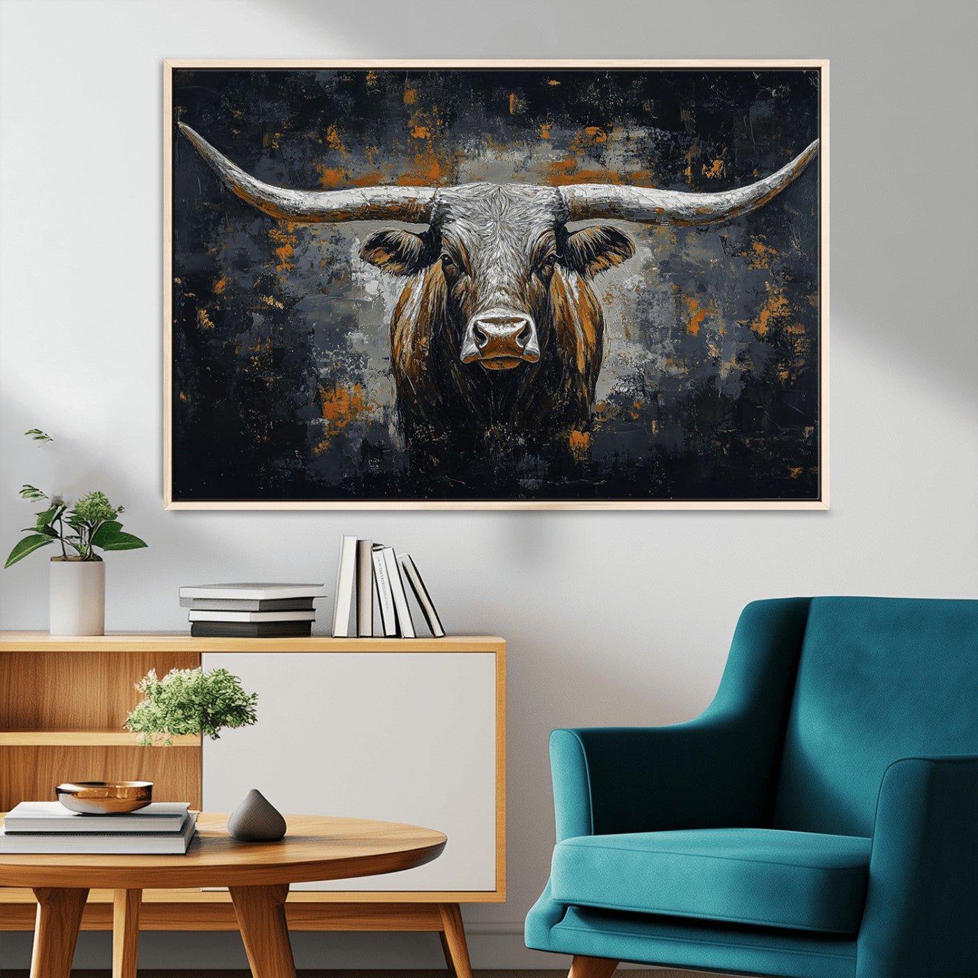 93195031-MGV-CV-36X24-Rustic Longhorn Bull Wall Art Canvas Print – Vintage Western Cattle Scene, Texas Steer Artwork for Home, Office