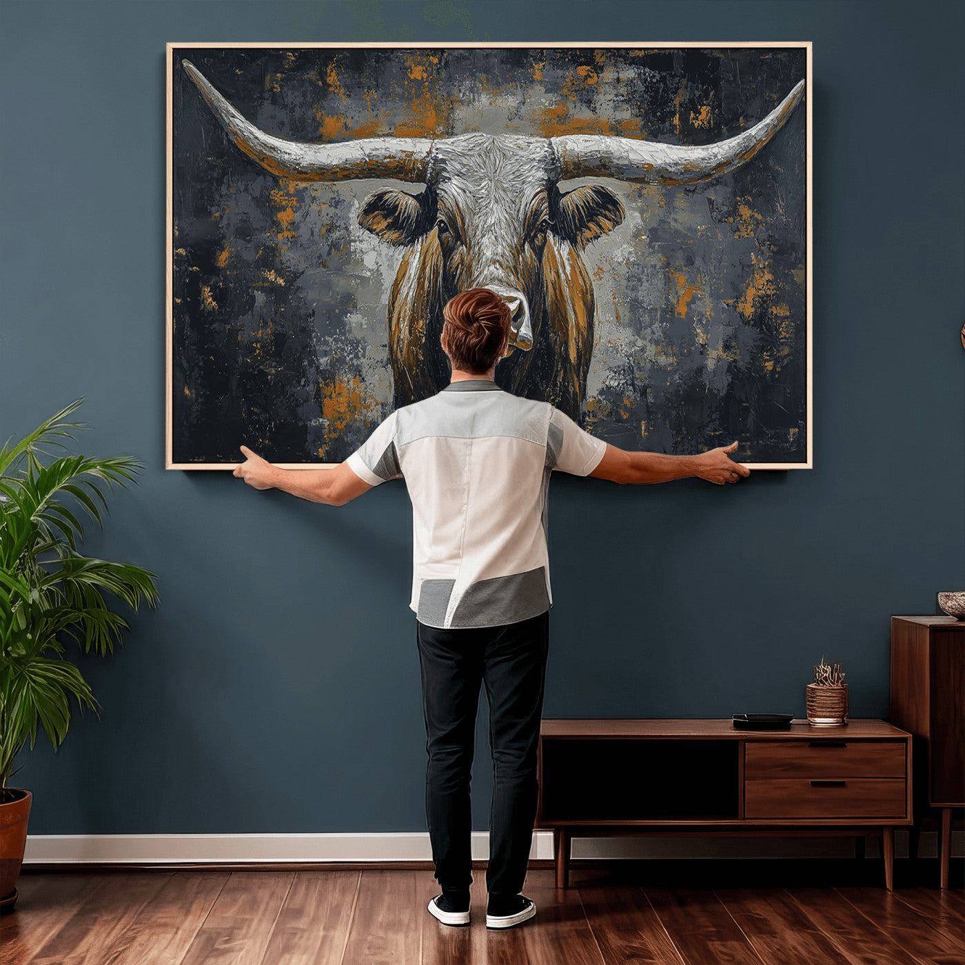 73972561-MGV-CV-36X24 - Bold Bull Wall Art Canvas – Striking Portrait with Wide Horns and Rich Brown Hues, Rustic Farmhouse and Western Decor for Home Room