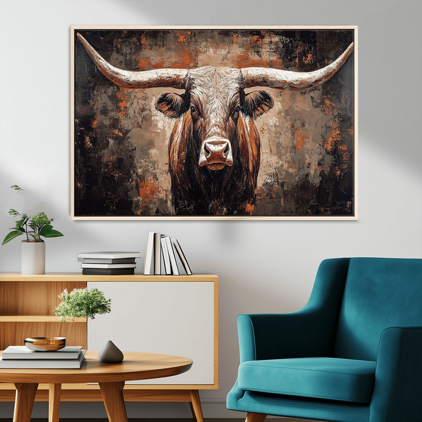 42732393-MGV-CV-36X24-Rustic Longhorn Bull Wall Art Canvas Print – Vintage Western Cattle Scene, Texas Steer Artwork for Home, Office