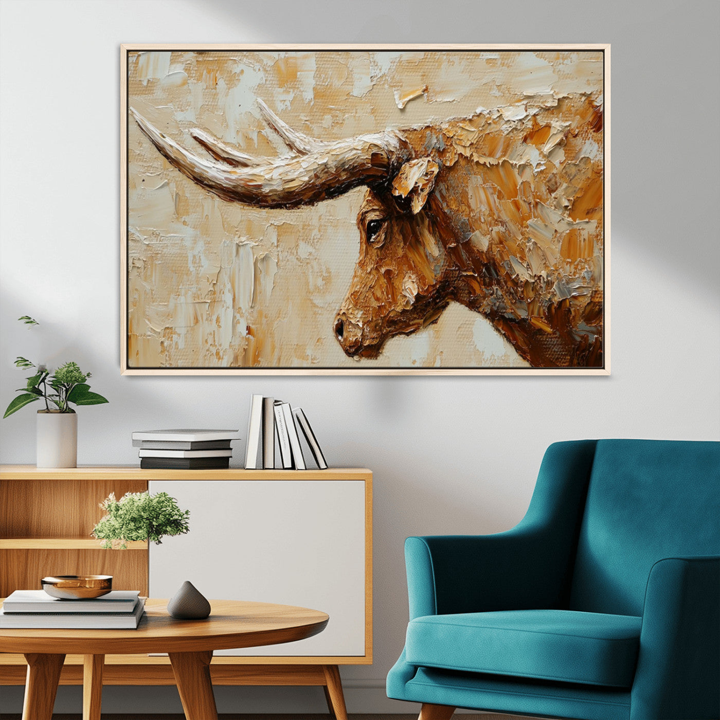 69611428-MGV-FC-36X24-Rustic Longhorn Bull Wall Art Canvas Print – Vintage Western Cattle Texas Steer Scene Artwork for home, office