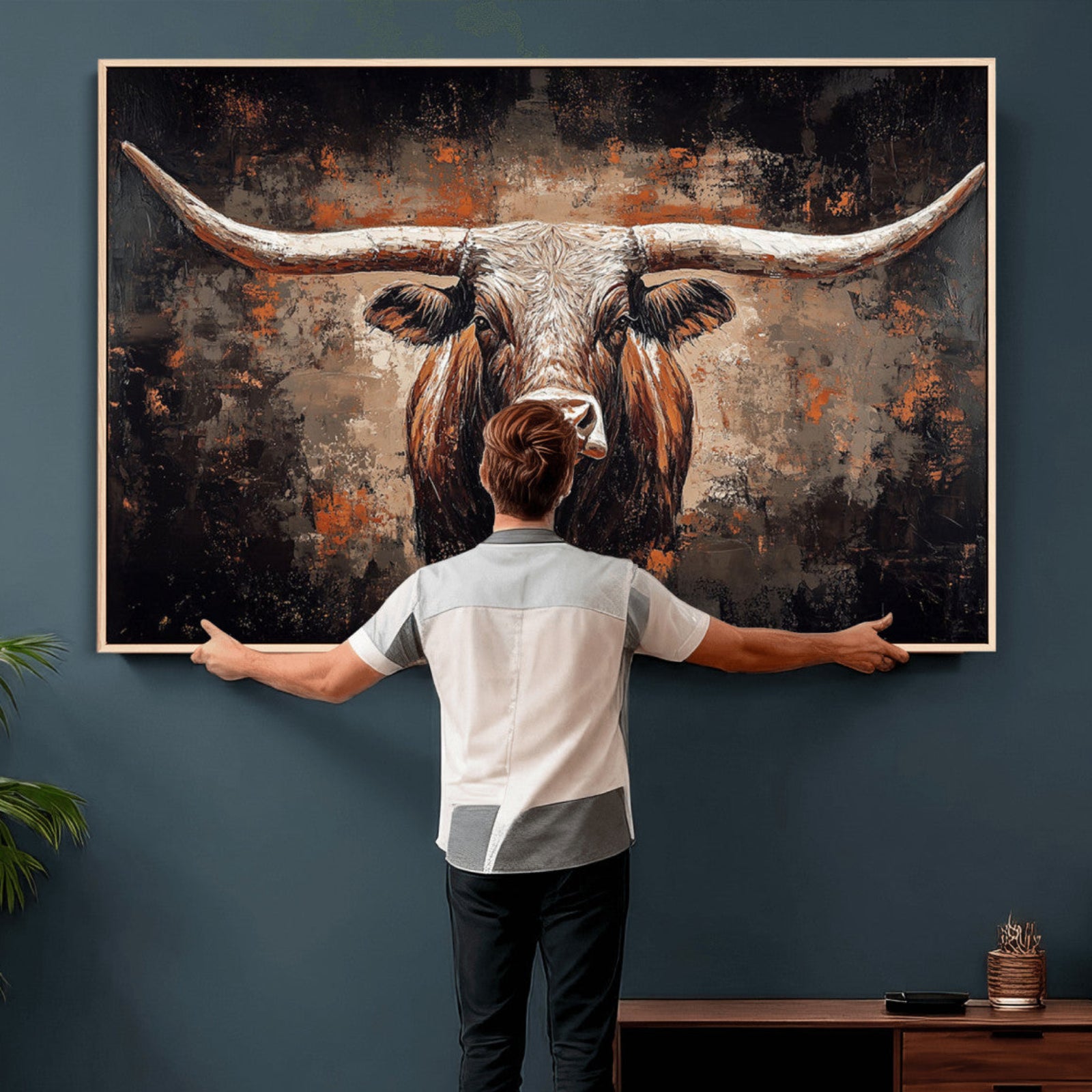 24779067-MGV-CV-36X24 - Rustic Longhorn Bull Wall Art Canvas Print – Vintage Western Cattle Painting, Texas Steer Artwork
