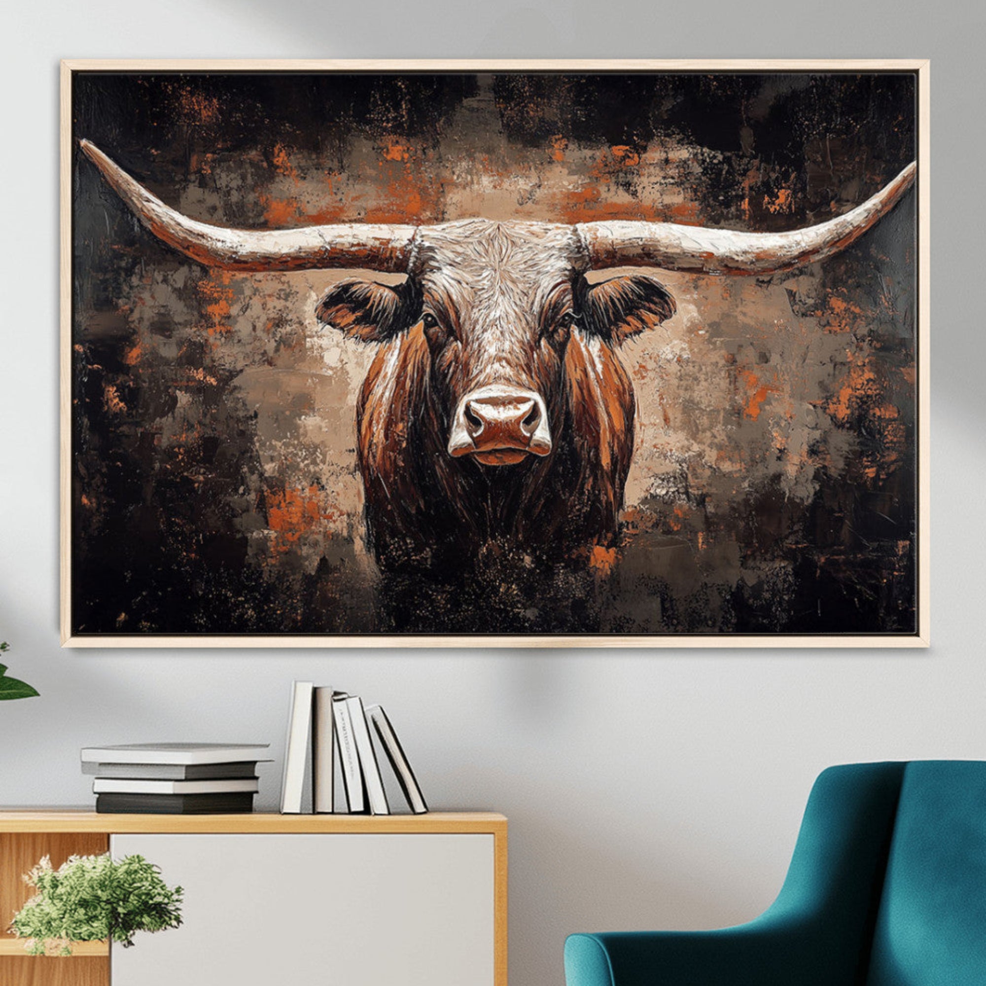 24779067-MGV-CV-36X24-Rustic Longhorn Bull Wall Art Canvas Print – Vintage Western Cattle Scene, Texas Steer Artwork for Home, Office
