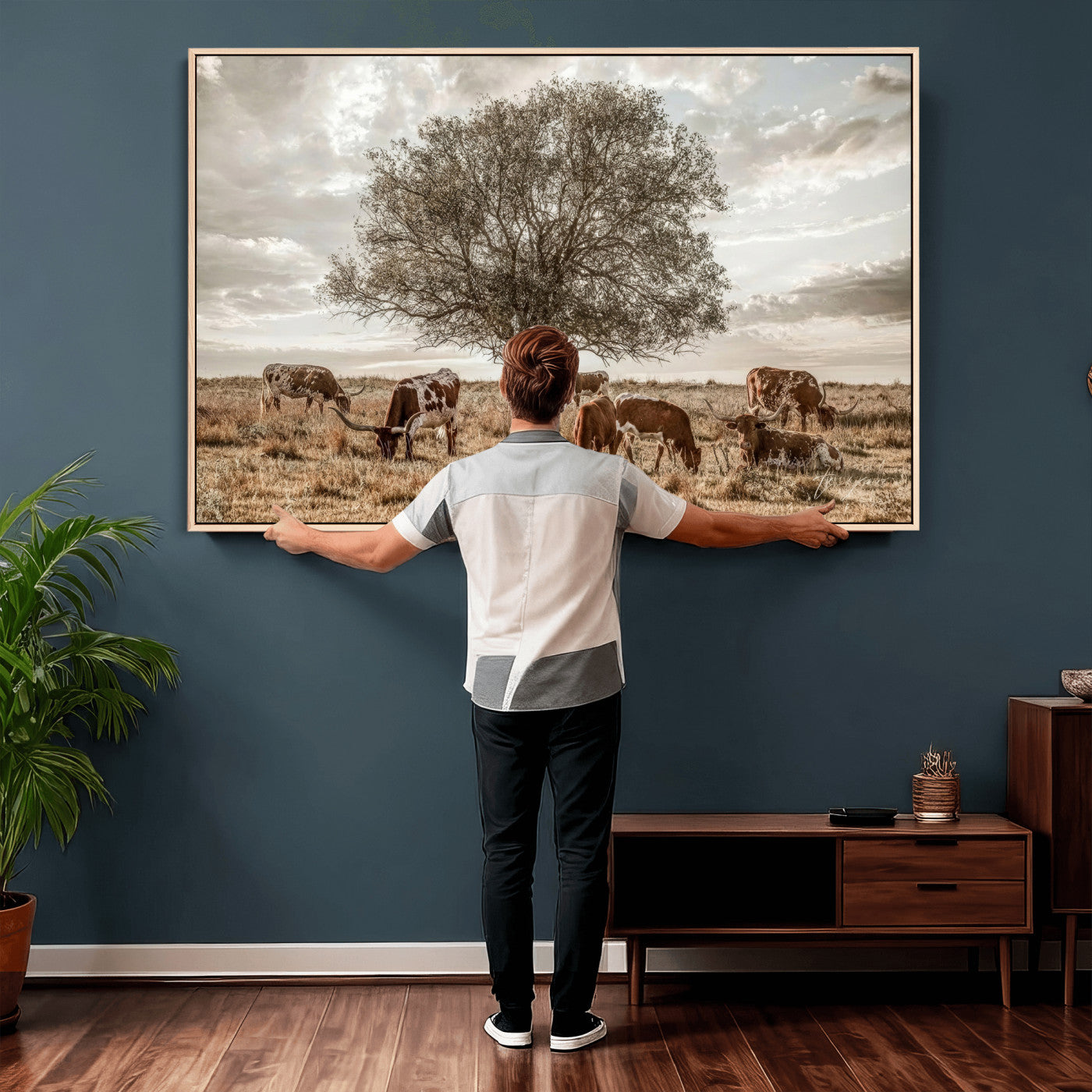 87590224-MGV-CV-36X24 - Texas Longhorn Cattle Wall Art Canvas Print – Rustic Western Ranch Scene with Steers at Sunset, Perfect for Farmhouse or Cowboy Decor