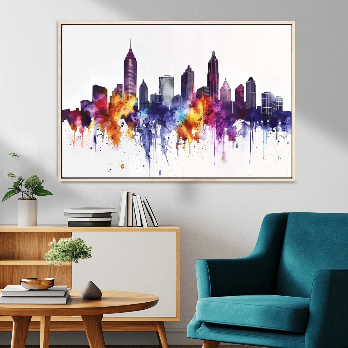 34479880-MGV-CV-36X24-Atlanta Skyline Wall Art Canvas Print – Framed Colorful Watercolor Cityscape Artwork for Home, Office, Living Room