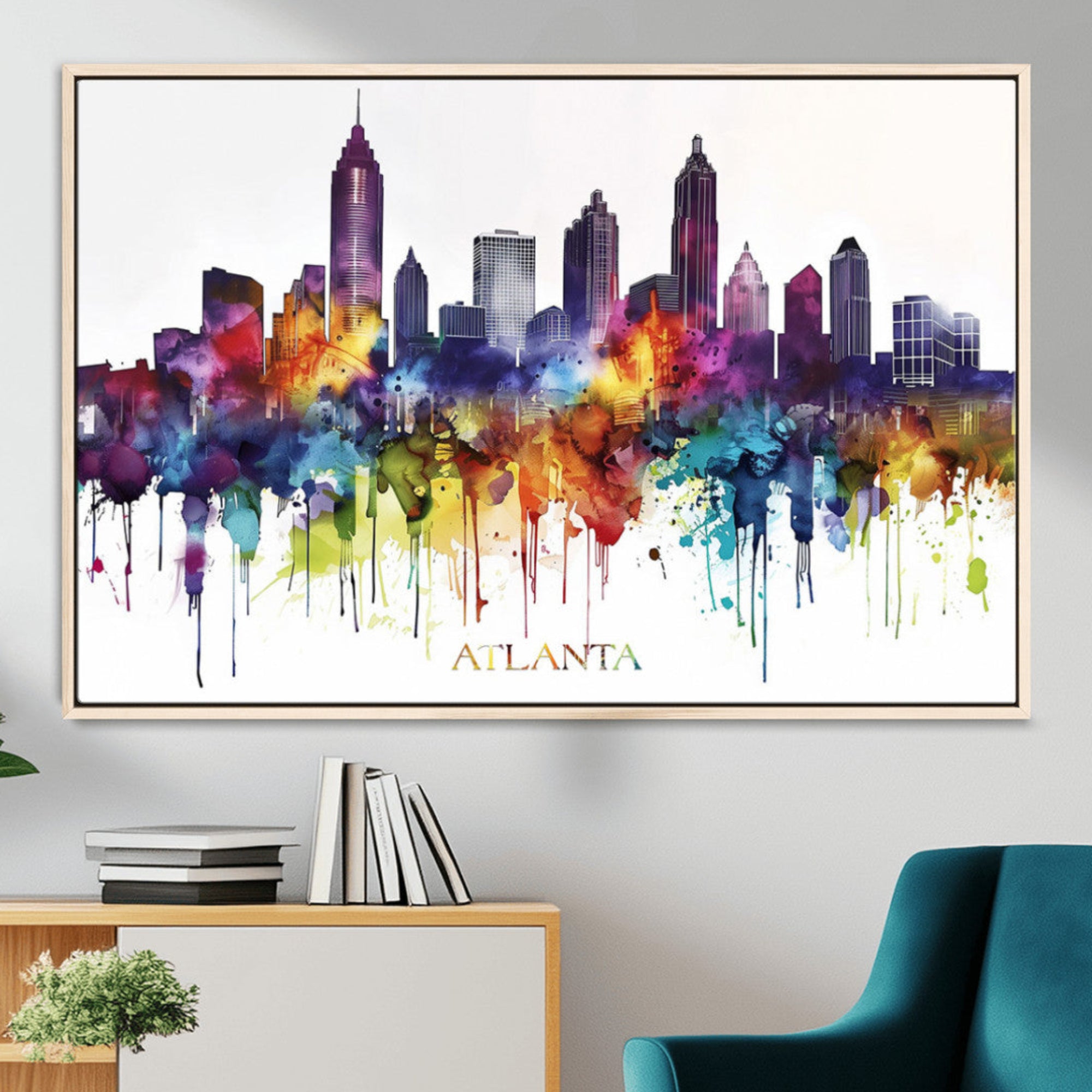 36048320-MGV-CV-36X24-Atlanta Skyline Wall Art Canvas Print – Framed Colorful Watercolor Cityscape Abstract Urban Artwork for Home, Office