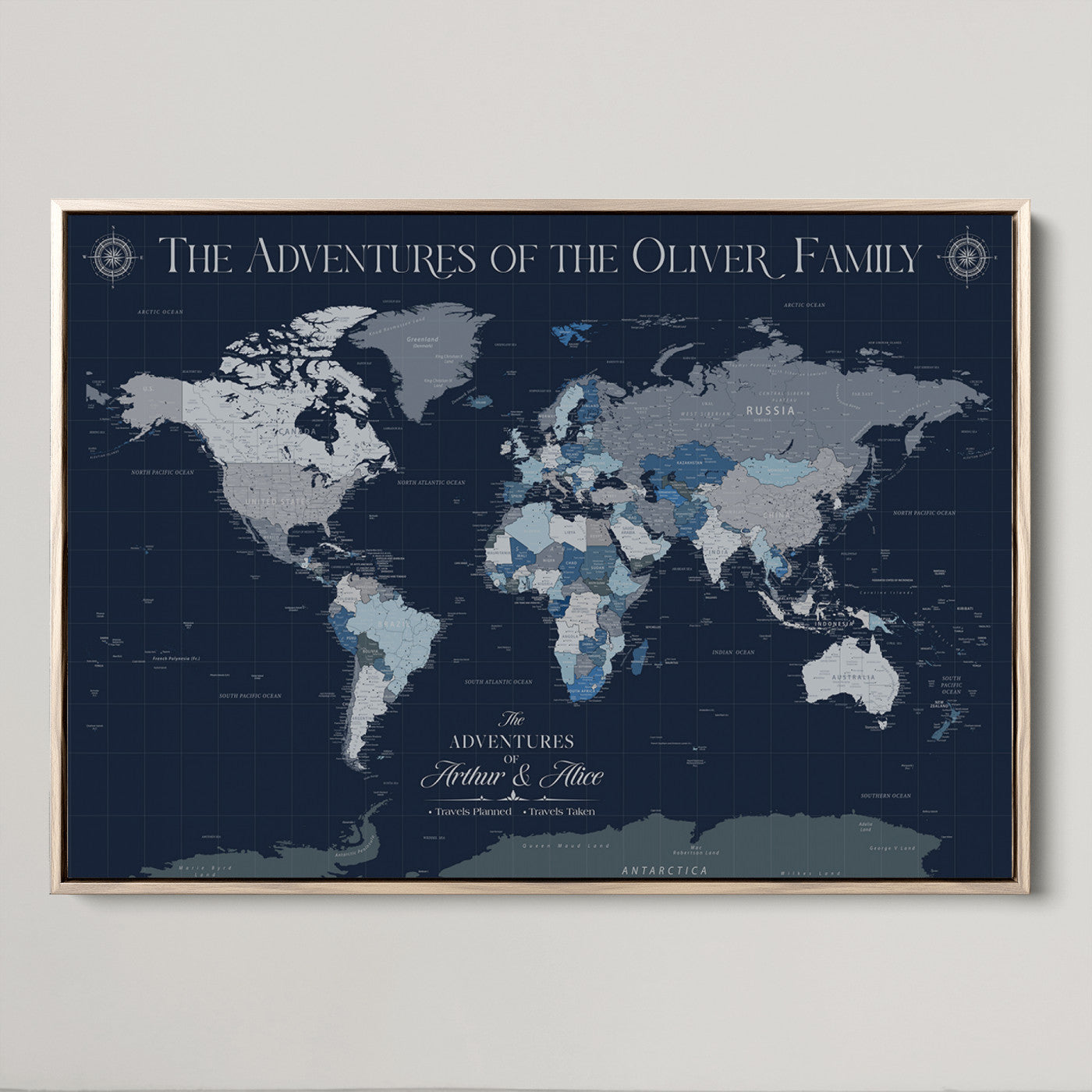 -Personalized Family Adventure World Map – Custom Framed Push Pin Travel Tracker Canvas, Elegant Wall Art for Home, Office