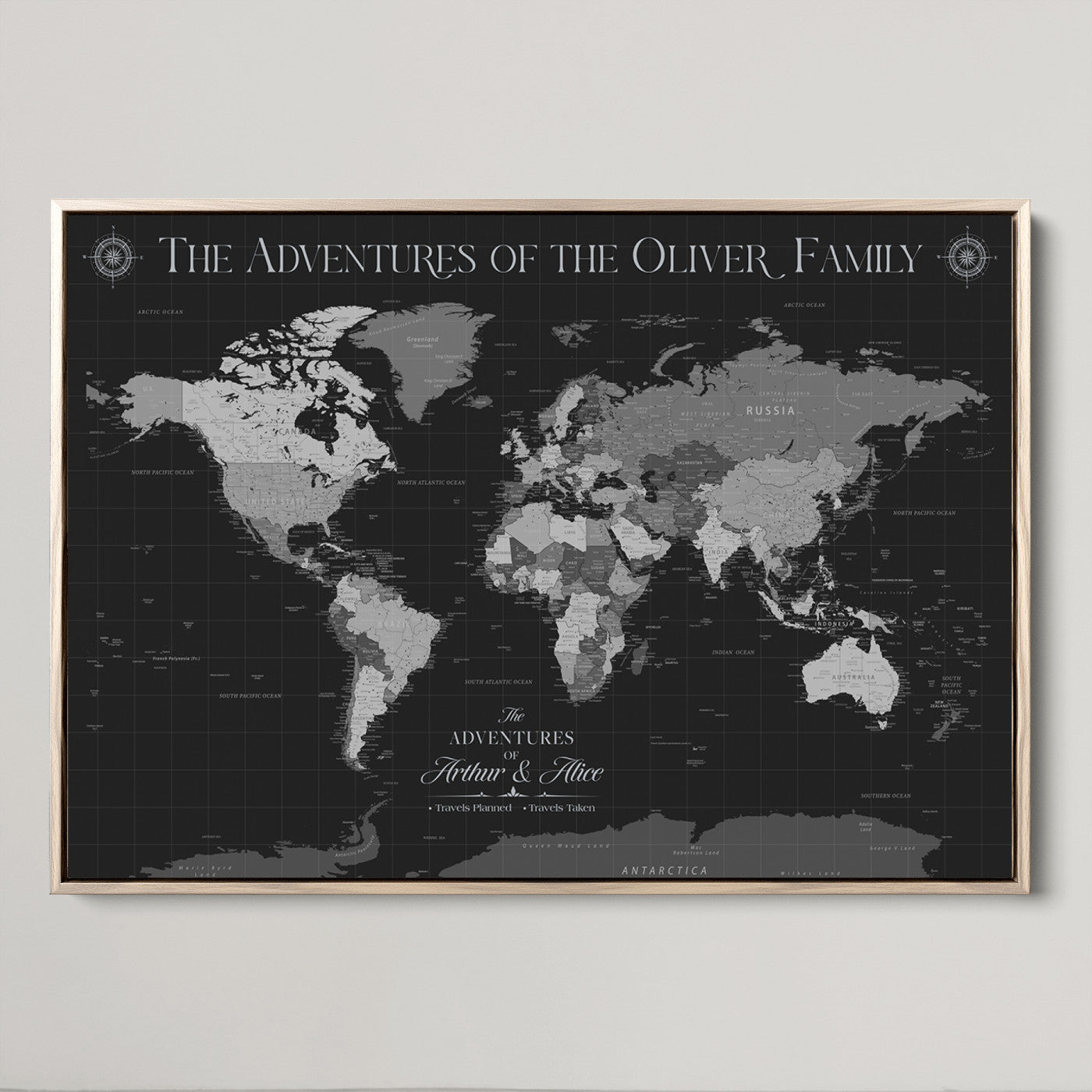 -Personalized Family World Map Canvas – Custom Framed Push Pin Travel Tracker, Modern Adventure Wall Art for Home, Office