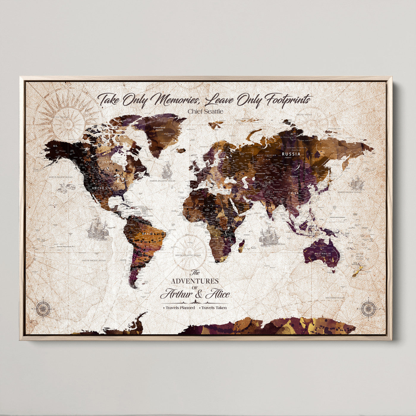 -Personalized World Map Canvas – Custom Framed Push Pin Travel Tracker, Elegant Wall Art Gift for Couples for Home, Office