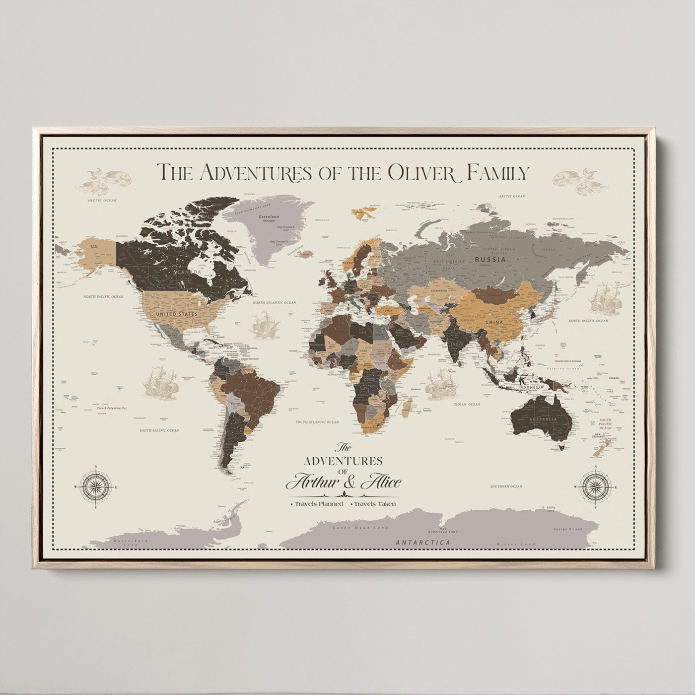 -Personalized Family Adventure World Map Canvas – Custom Framed Push Pin Travel Tracker, Wall Art Gift for Home, Office