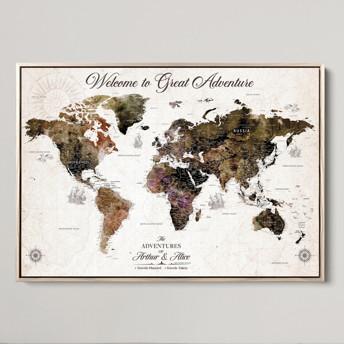 -Personalized World Map Canvas Custom Framed Push Pin Travel Tracker Vintage Adventure Wall Art Gift Couples Travelers Home, Office