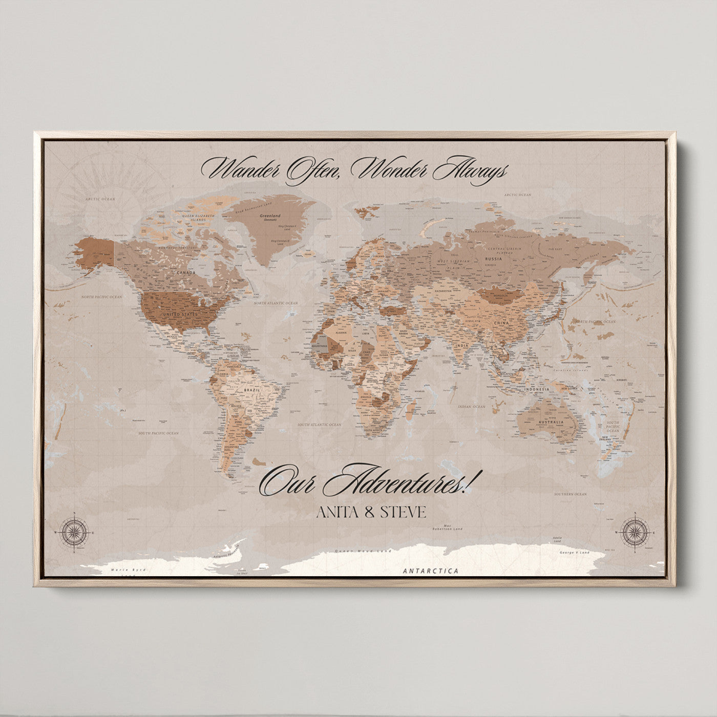 -Personalized World Map Canvas Custom Framed Push Pin Travel Tracker Elegant Neutral Wall Art Gift Couples Travelers for Home, Office