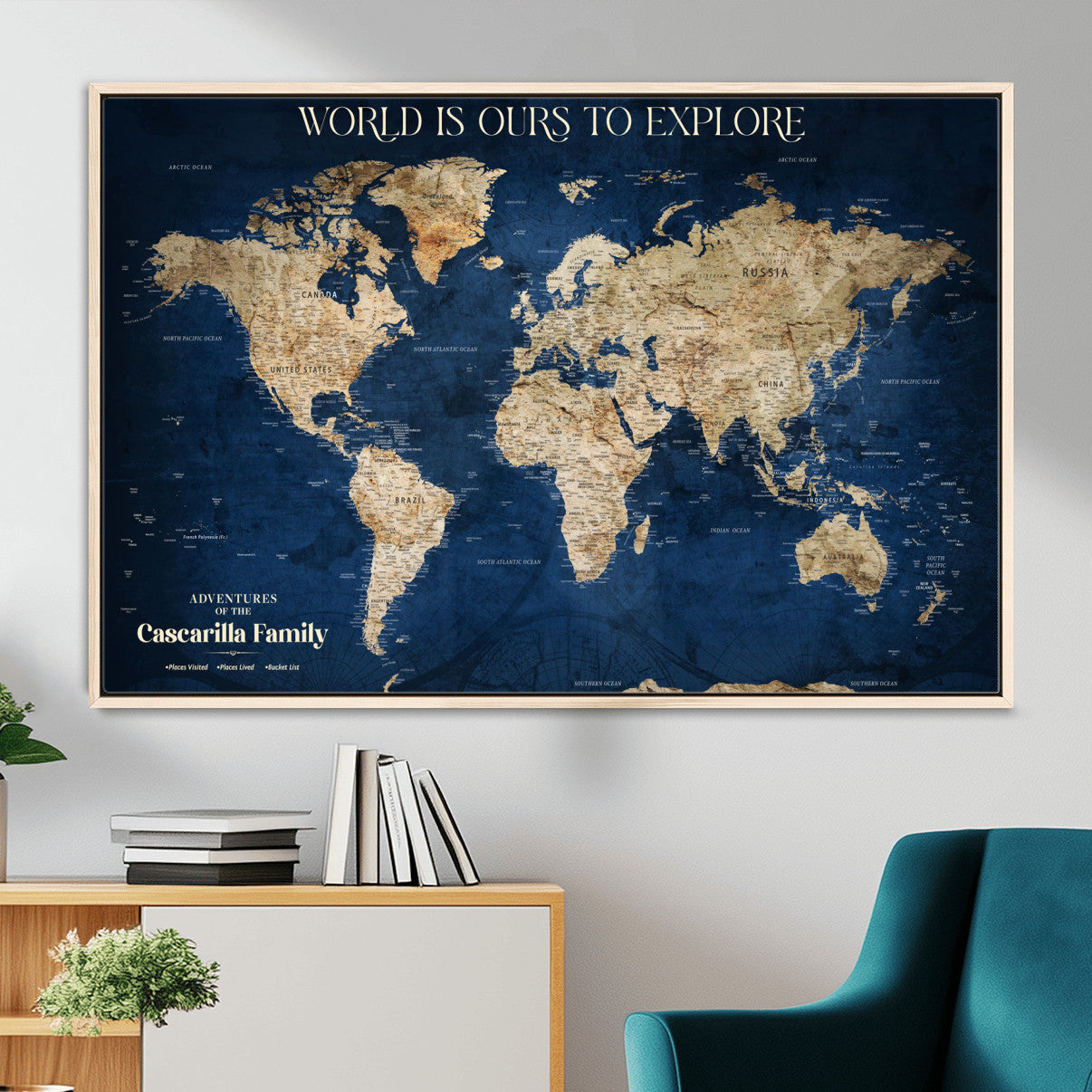 54782997-MGV-FC-36X24 - Personalized Push Pin World Map Canvas Print – Custom Travel Tracker Wall Art, Large World Map Decor for Home, Office