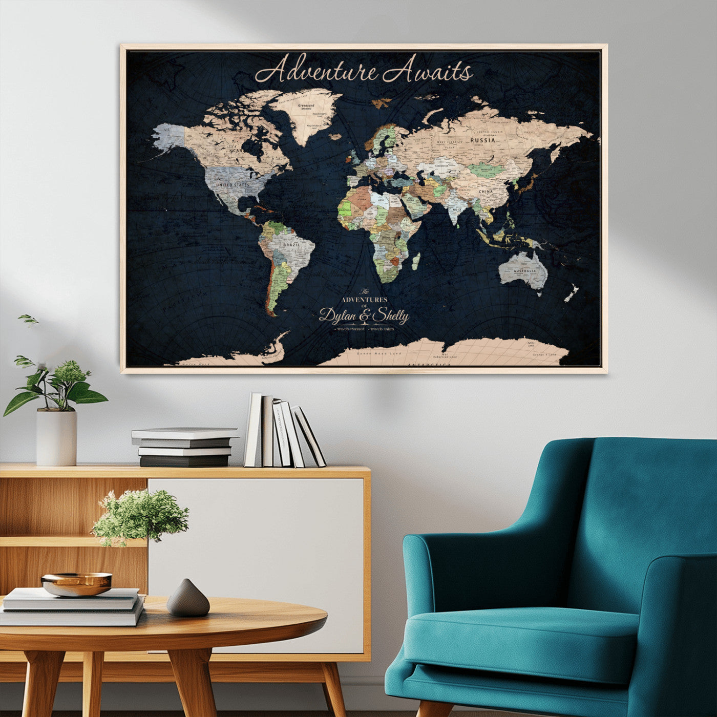 Rehber01-MGV-CV-36X24-Personalized World Map Canvas Print – Framed Push Pin Travel Wall Art for Couples – Adventure & Anniversary Gift