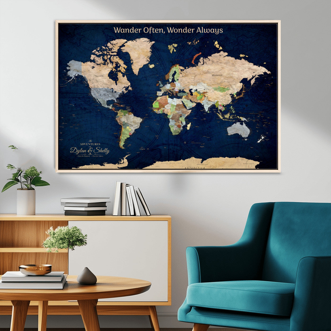 Rehber01-MGV-CV-36X24-Personalized World Map Canvas – Custom Framed Push Pin Travel Map Wall Art, Navy Blue Vintage Gift for Couples and Adventurers