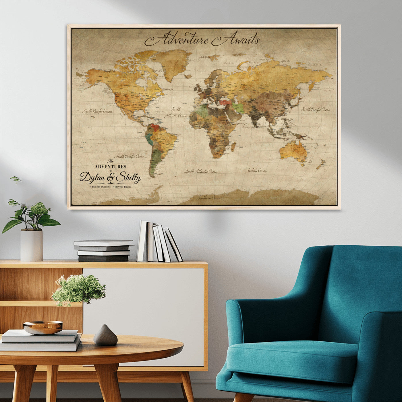 Rehber01-MGV-CV-36X24-Personalized World Map Canvas – Custom Framed Push Pin Travel Map Wall Art, Rustic Vintage Gift for Couples and Travel Lovers