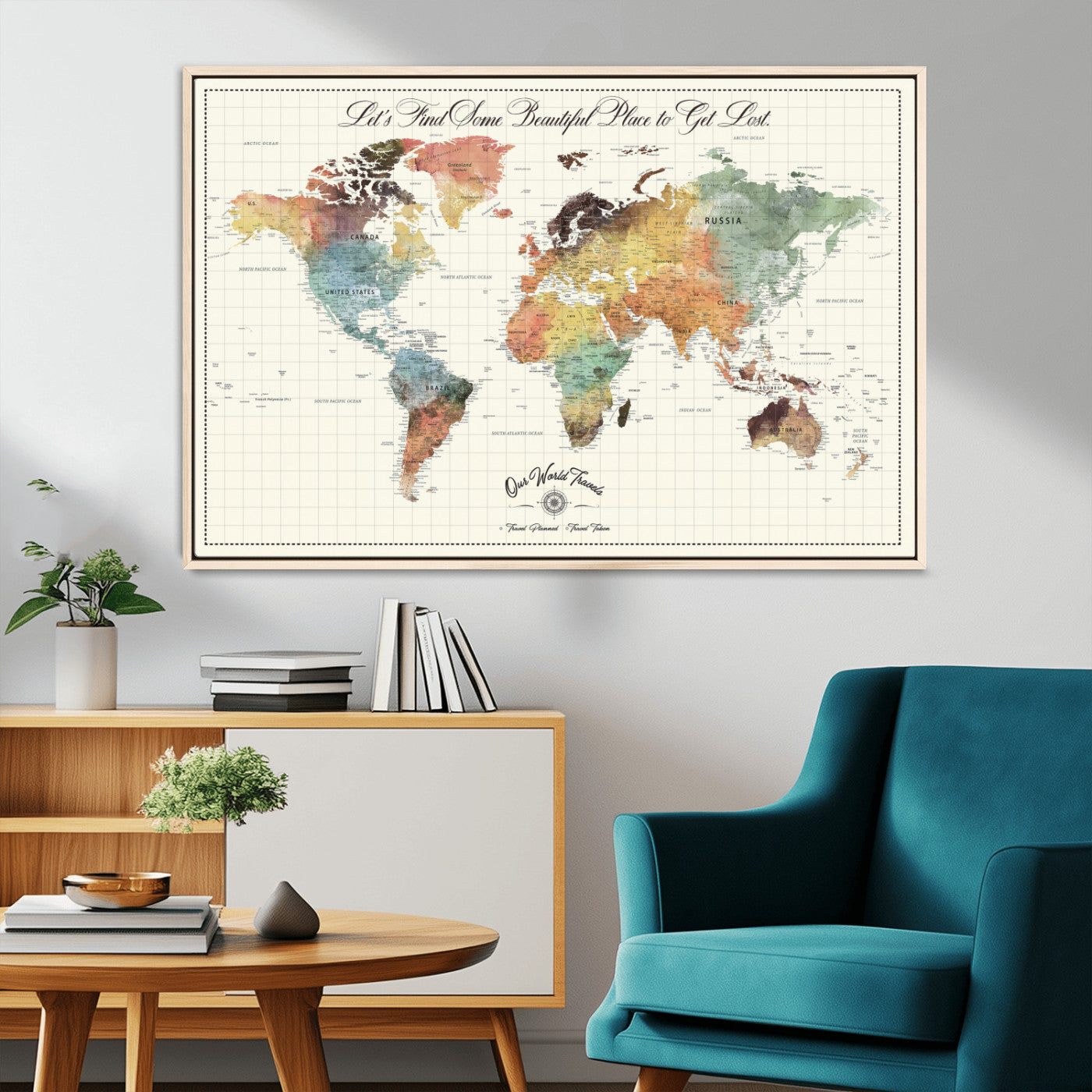 -Personalized Push Pin World Map Canvas Print – Custom Adventure Travel Tracker Map, Framed Wall Art Gift for Couples or Family