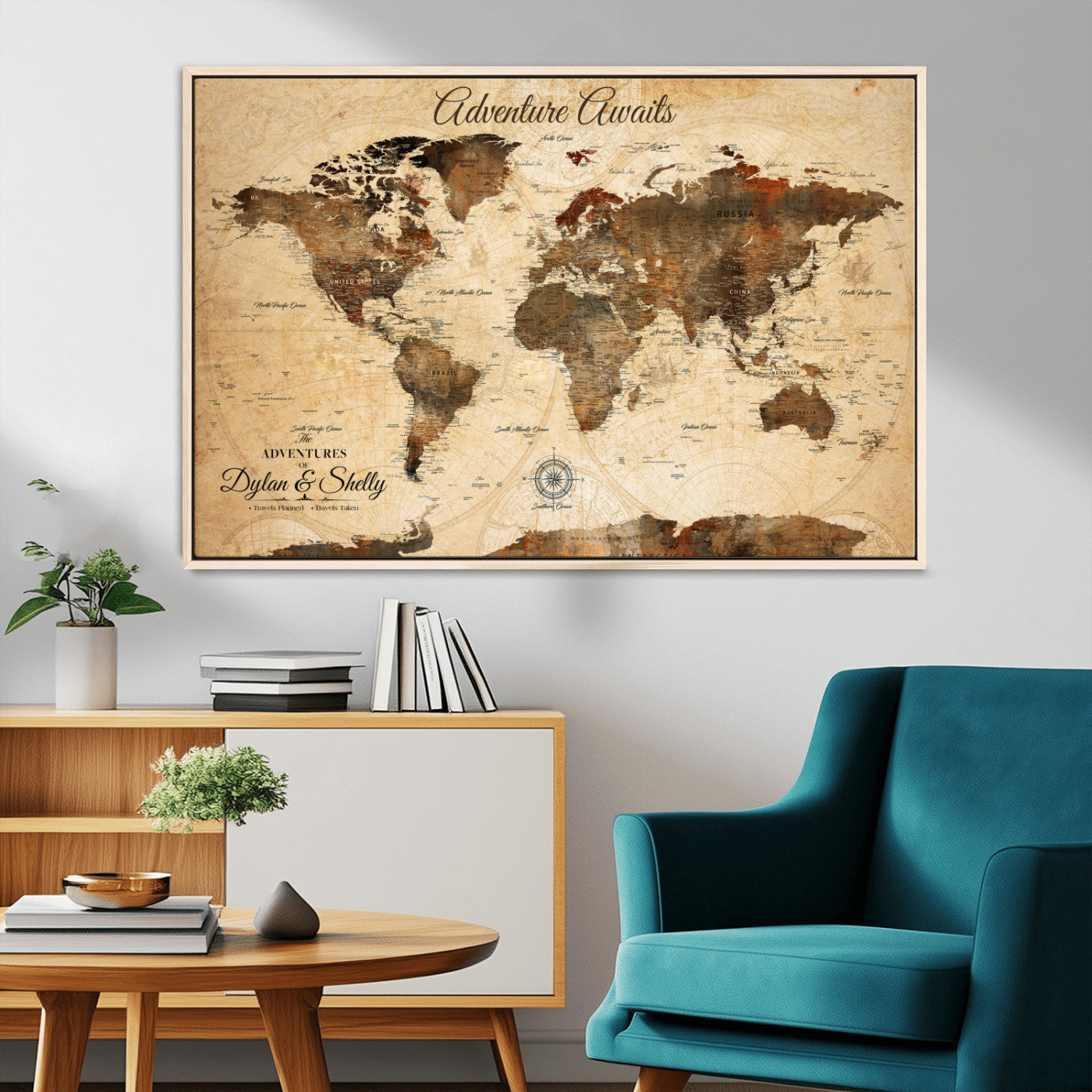 Rehber01-MGV-CV-36X24-Personalized World Map Canvas Wall Art – Custom Framed Push Pin Travel Tracker Print, Unique Gift for Home or Office Decor
