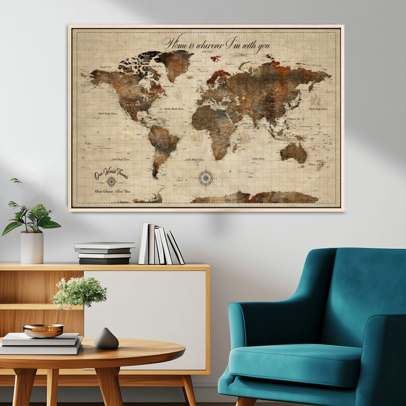 Rehber01-MGV-CV-36X24-Personalized World Map Print, Customizable Push Pin Framed World Map Print on Canvas - Custom Quote
