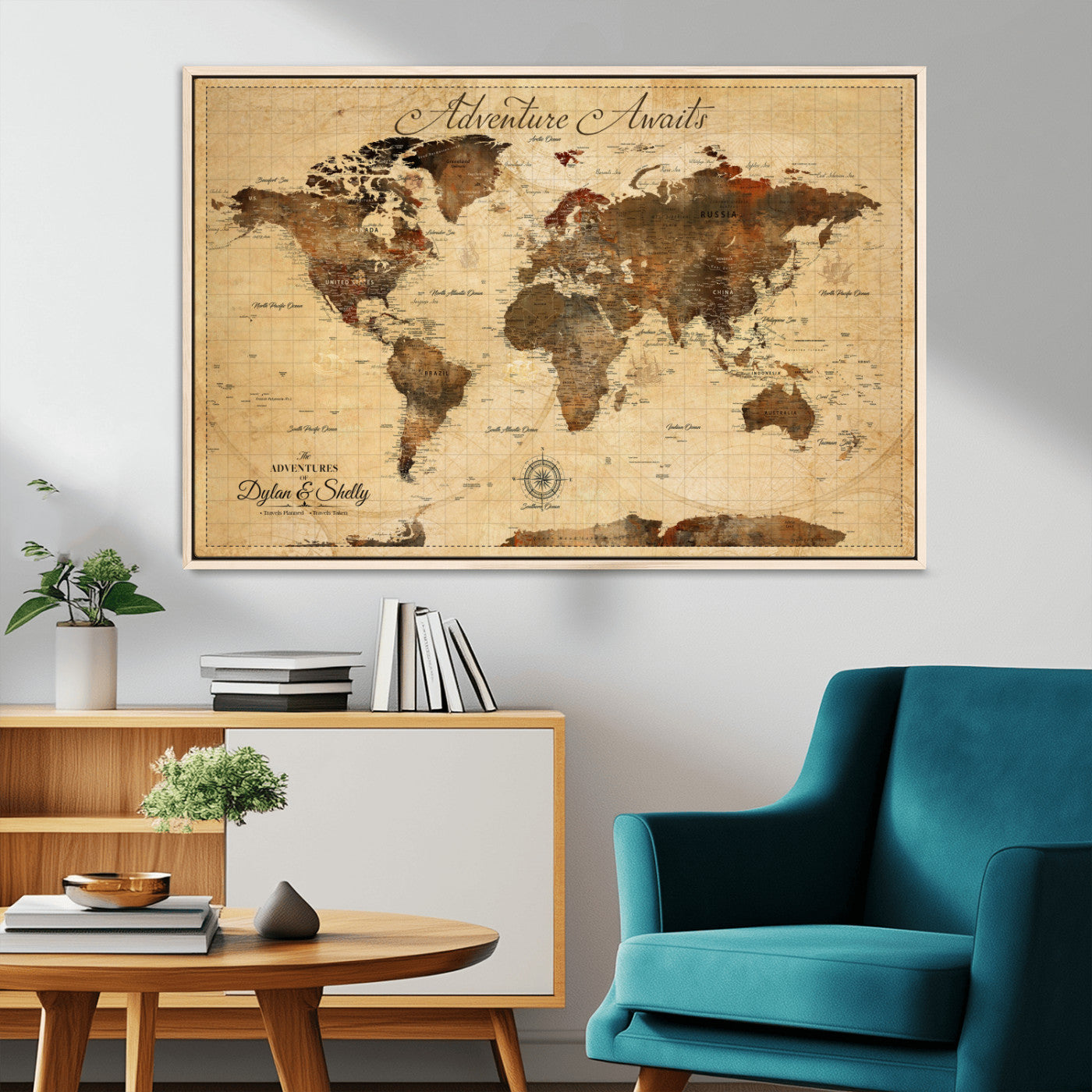 Rehber01-MGV-CV-36X24-Personalized World Map Canvas Wall Art – Custom Framed Push Pin Travel Tracker Print, Unique Gift for Home or Office Decor