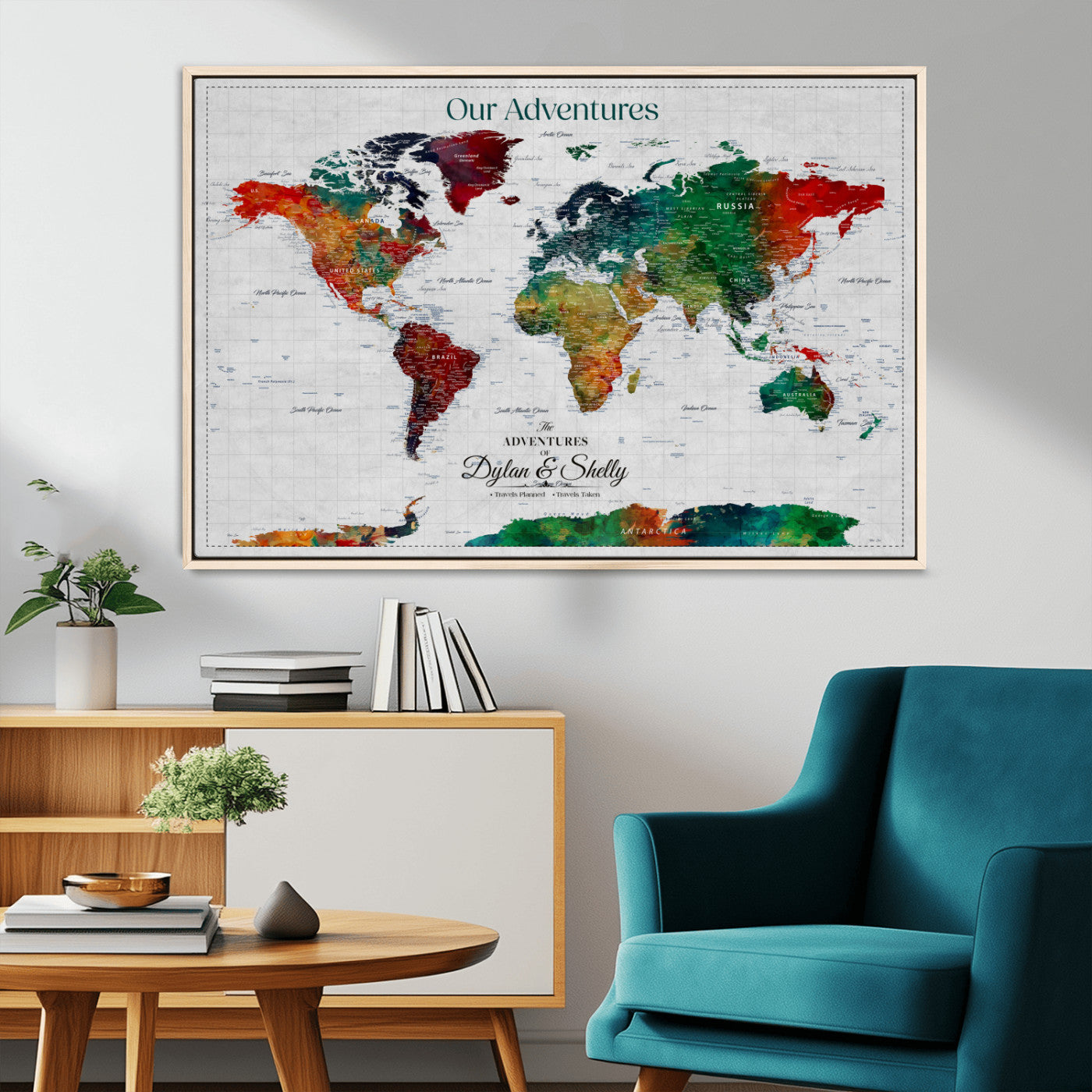 Rehber01-MGV-CV-36X24-Personalized World Map Canvas Wall Art – Custom Framed Push Pin Travel Tracker Print, Unique Gift for Home or Office Decor