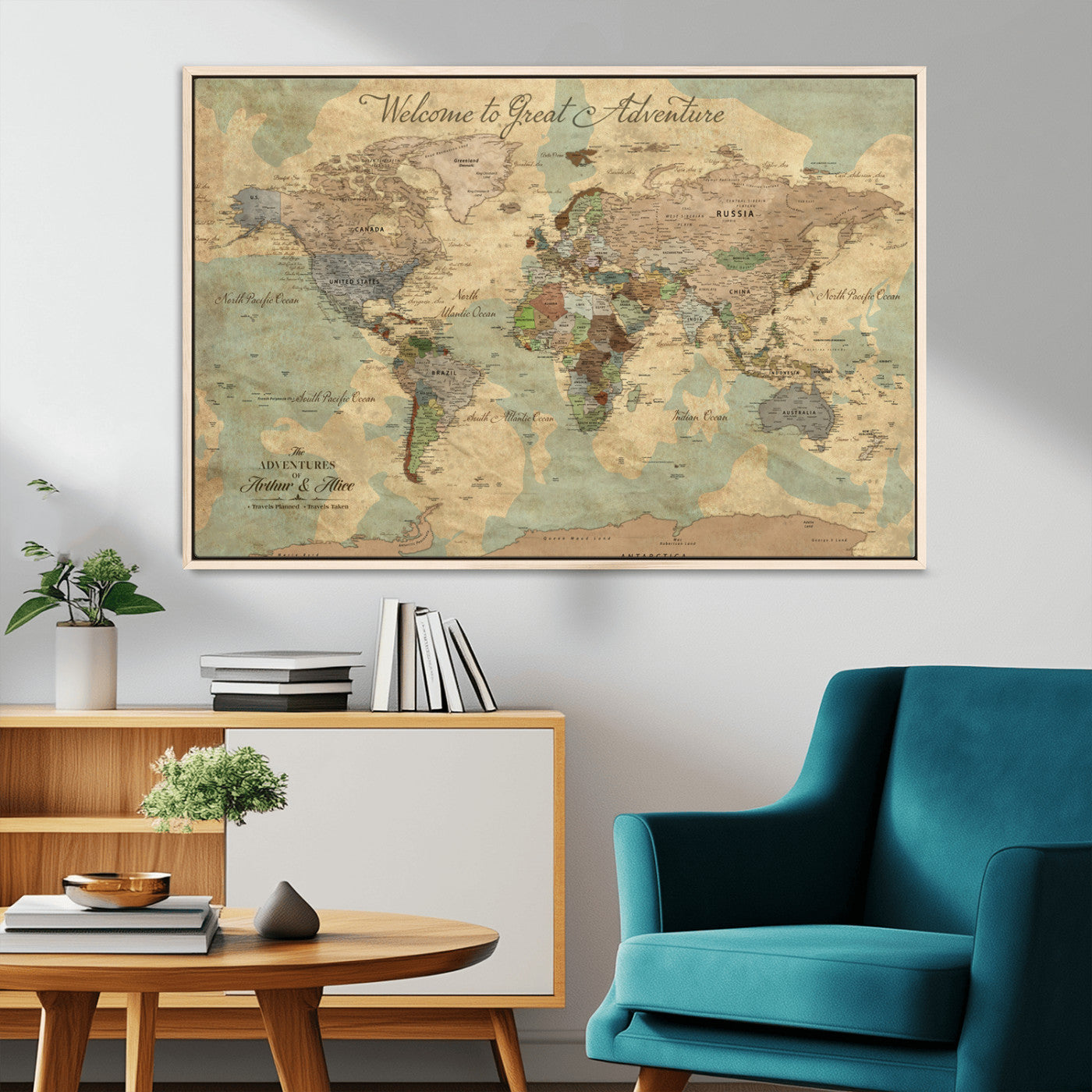Rehber01-MGV-CV-36X24-Personalized World Map Canvas Wall Art – Custom Framed Push Pin Travel Tracker Print, Unique Gift for Home or Office Decor