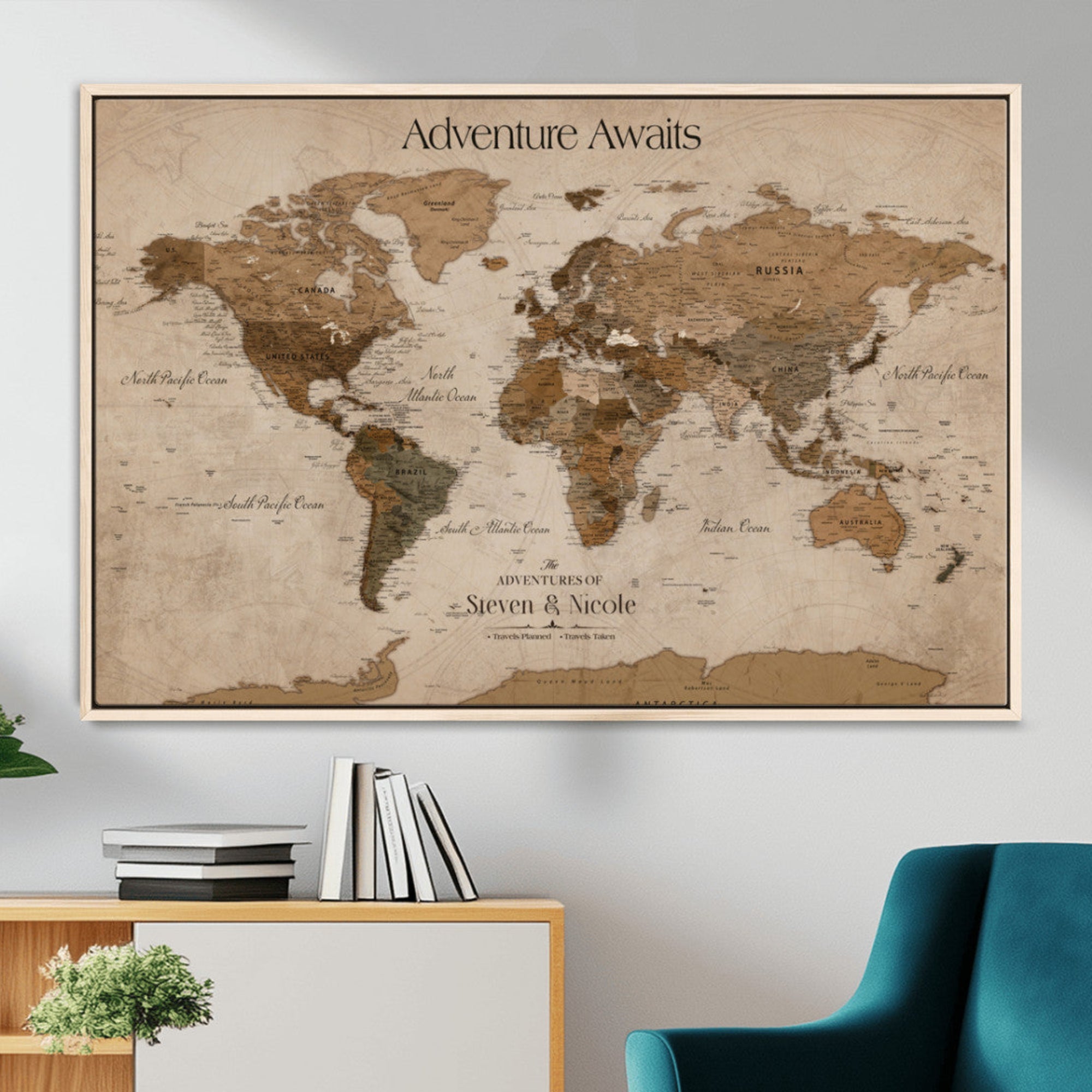 26070282-MGV-CV-36X24-Personalized Push Pin World Map Canvas – Custom Framed Travel Tracker Wall Art, Large Adventure Map with Pins for Home, Office