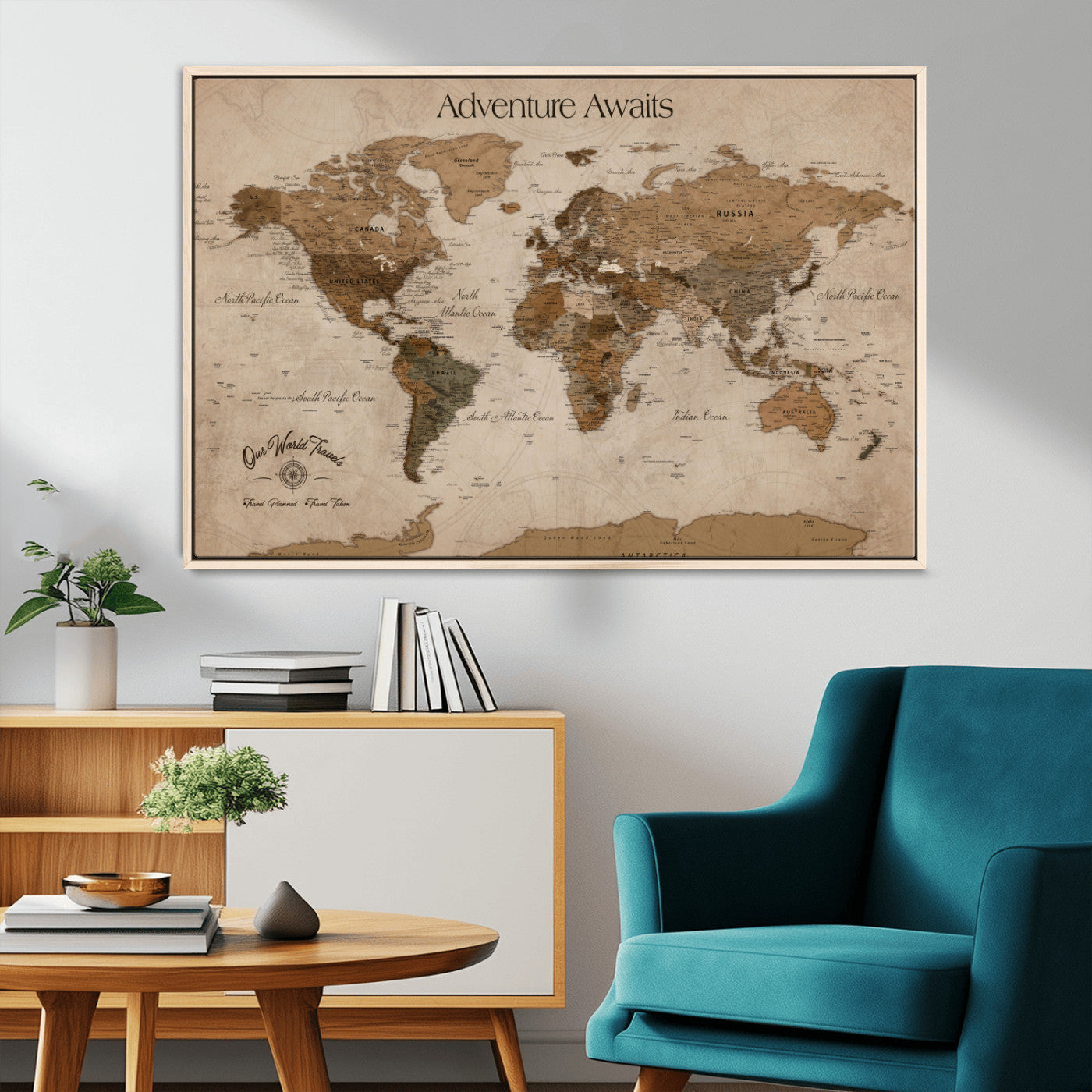 Rehber01-MGV-CV-36X24-Personalized Framed World Map Wall Art Canvas – Custom Push Pin Travel Map with 100 Pins Foam Backing for Home Office