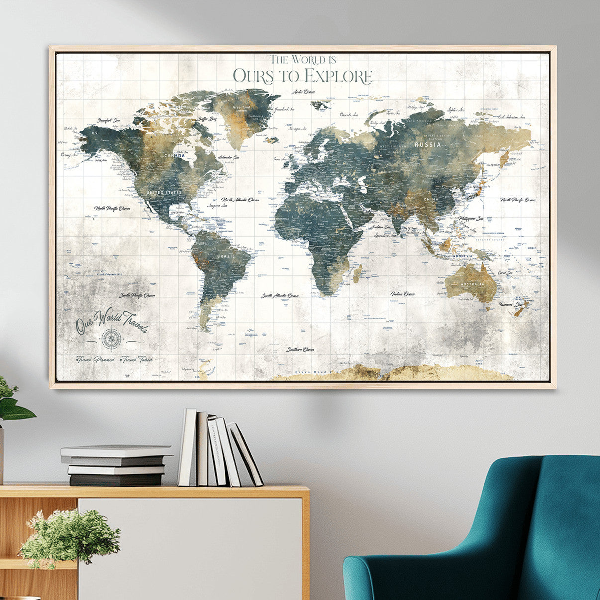 14988581-MGV-FC-36X24 - Custom Push Pin World Map Wall Canvas Print – Personalized Travel Tracker with Pins – Framed Custom Quotie Canvas for Home Office Decor