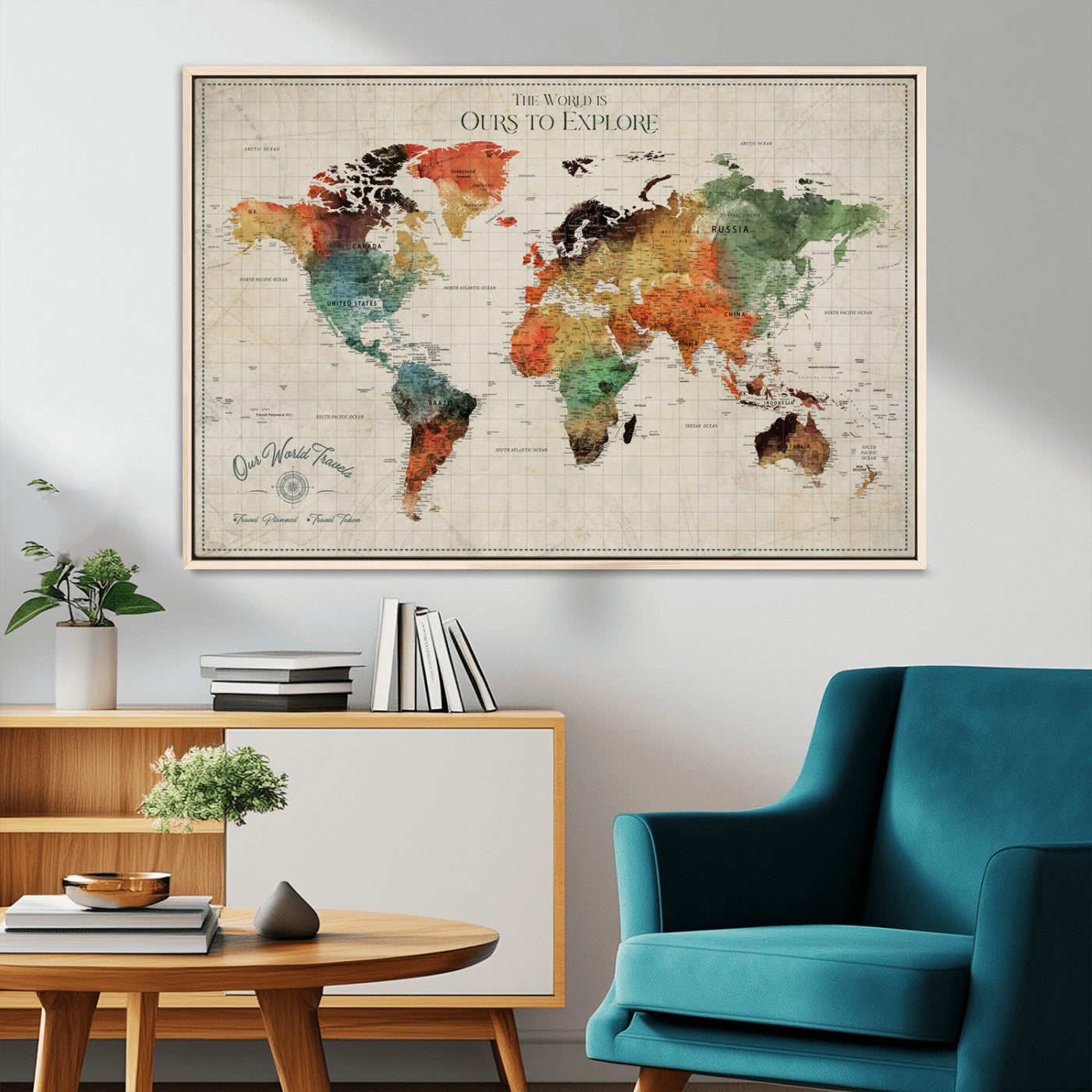 Rehber01-MGV-CV-36X24-Custom Push Pin World Map Wall Art Canvas Print – Personalized Travel Tracker Map Framed Artwork for Home Office