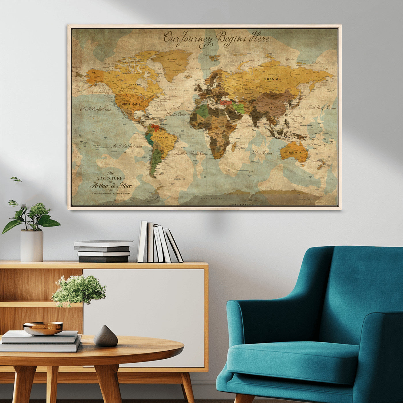 40572820-MGV-FC-36X24_Natural-Personalized World Map Canvas – Custom Framed Push Pin Travel Map Wall Art, Vintage Style Gift for Couples