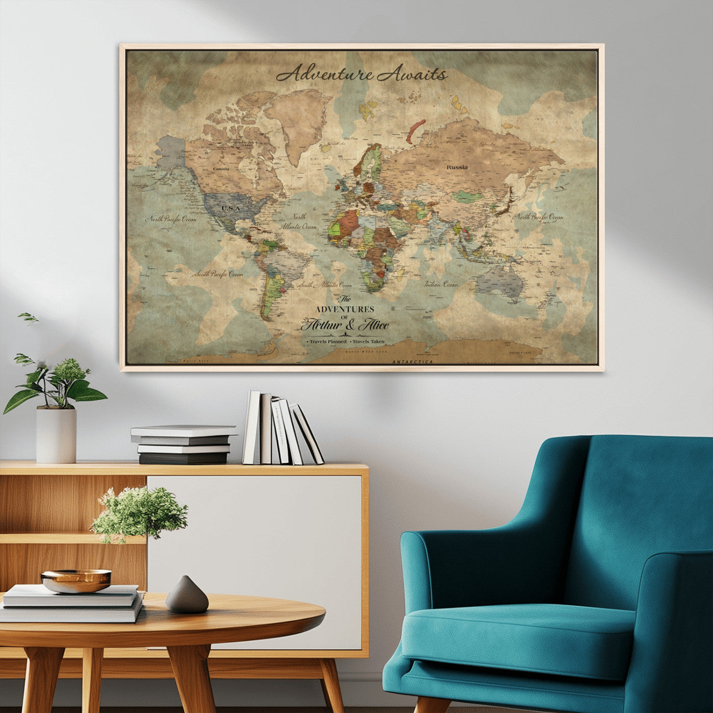 Rehber01-MGV-CV-36X24-Personalized Vintage World Map Canvas Print – Custom Push Pin Travel Map Antique Style Gift for Couples Travelers for Home Office