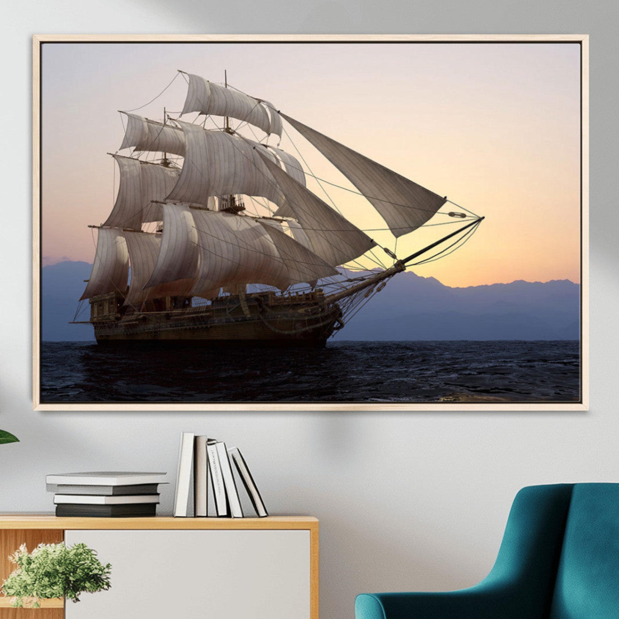 31270610-MGV-FC-36X24_Natural-Sailing Ship Wall Art Canvas Print – Sunset Ocean Voyage Vintage Adventure Nautical Marine Travel Decor for Home Office