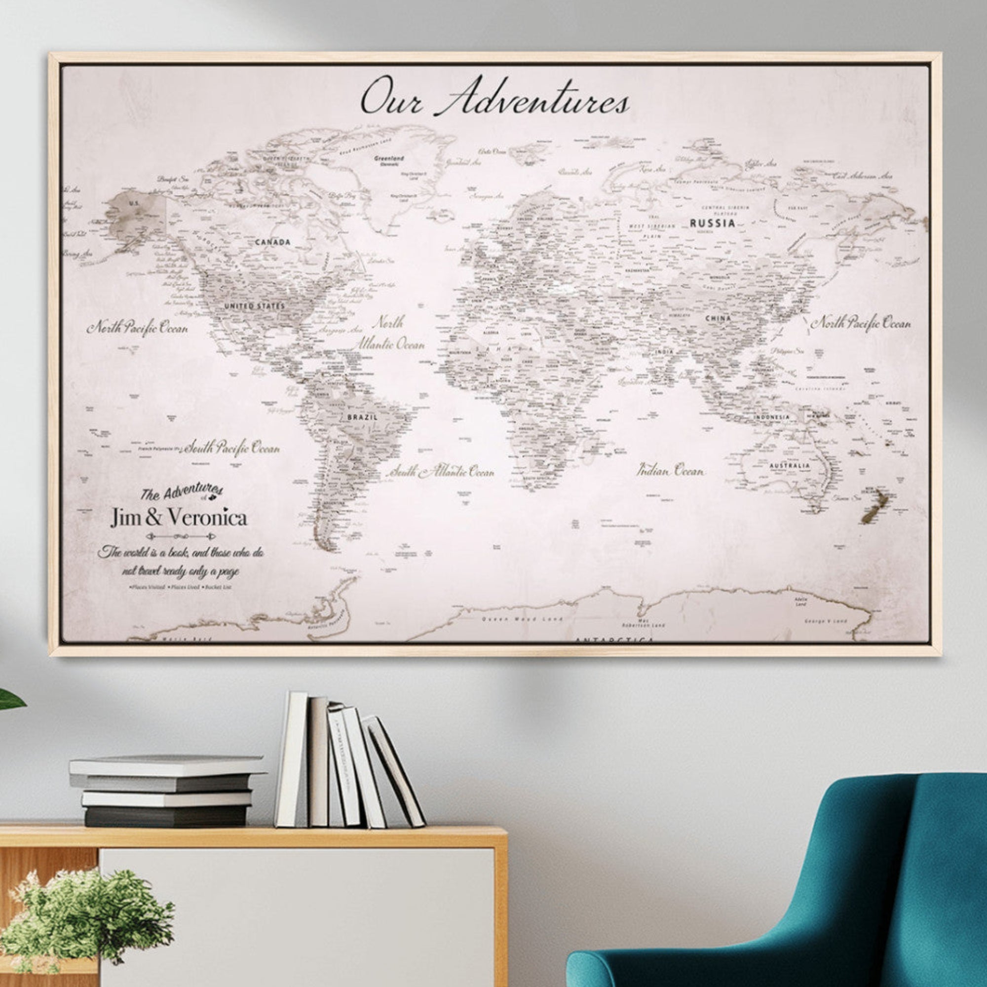 Rehber01-MGV-CV-36X24-Personalized Push Pin World Map Canvas Print – Custom Framed Travel Tracker Artwork with Pins for Home and Office Decor