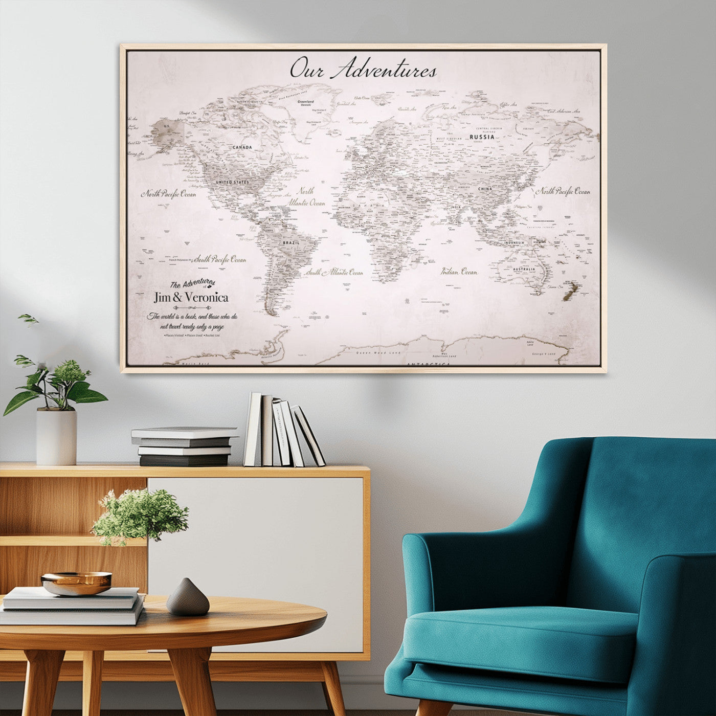 14561774-MGV-FC-36X24_Natural-Custom Push Pin World Map Wall Art – Personalized Travel Canvas Print with Foam Pins Framed Decor for Home, Office