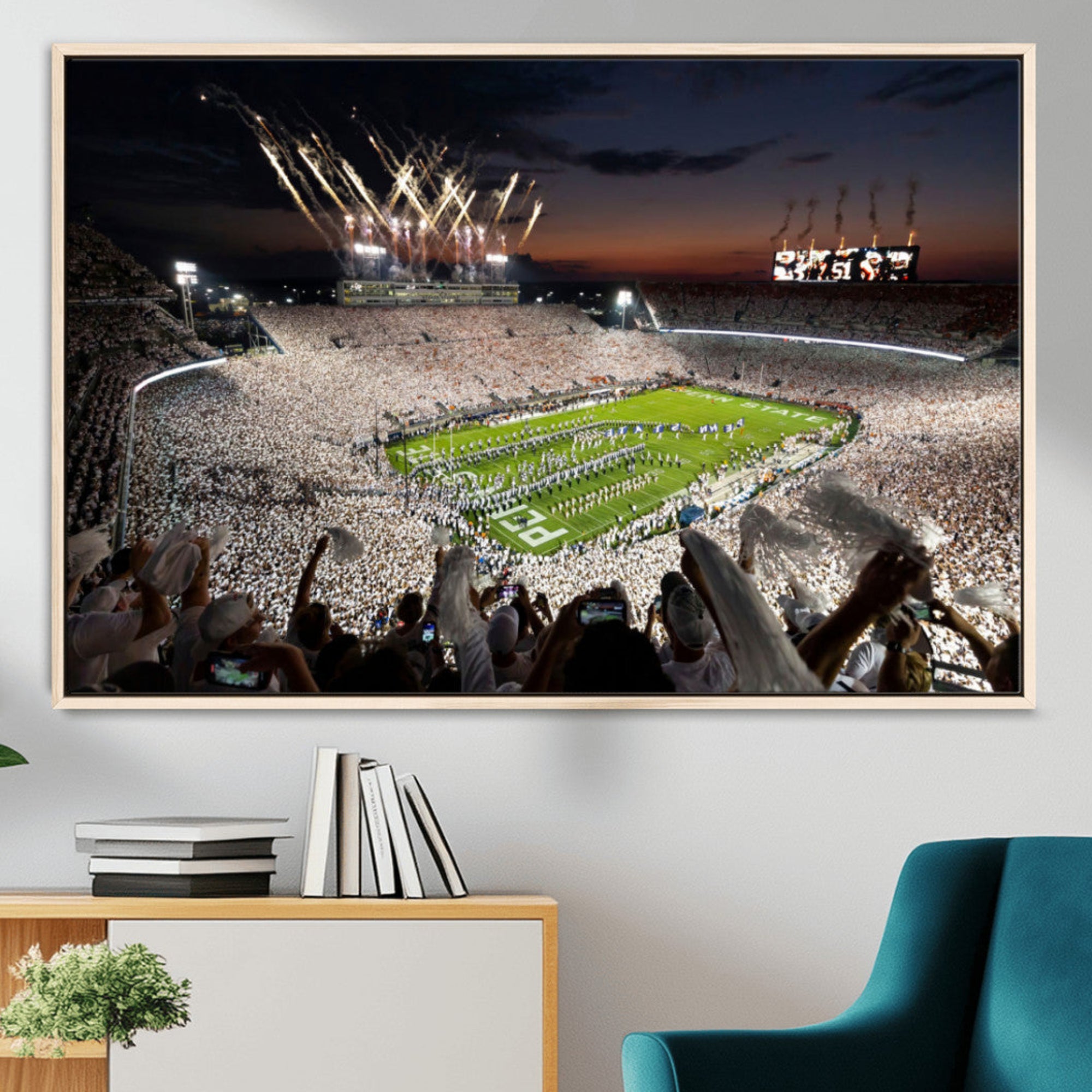 26666-MGV-FC-36X24_Natural-Penn State Stadium Wall Art – White Out Football Game Canvas Print Framed Sports Stadium Decor for Home, Office