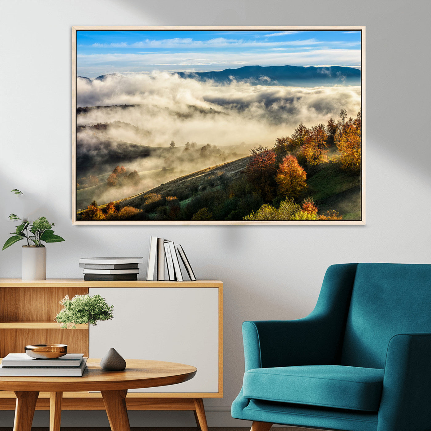 21551192-MGV-FC-36X24_Natural-Misty Autumn Hills Canvas Wall Art, Foggy Forest Landscape, Fall Foliage Beauty, Serene Mountain View, Cozy Home Decor, Office Tranquility, Nature Calm Print