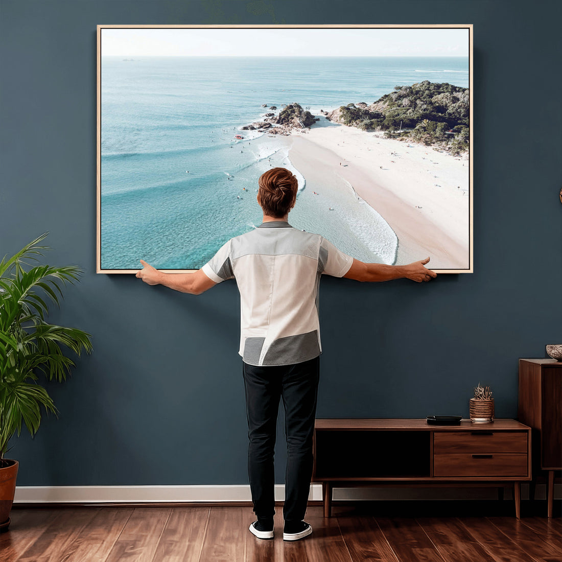 Aerial Beach Wall Art Canvas Print, Coastal Ocean Waves and Surfers from Above
