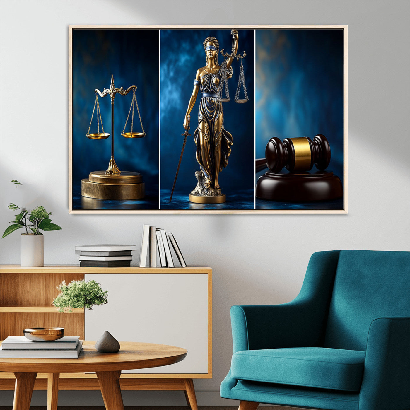 87750525-MGV-CV-36X24-Justice Scales Statue Wall Art, Lady Justice Sculpture Canvas Print, Legal Law Decor, Courtroom