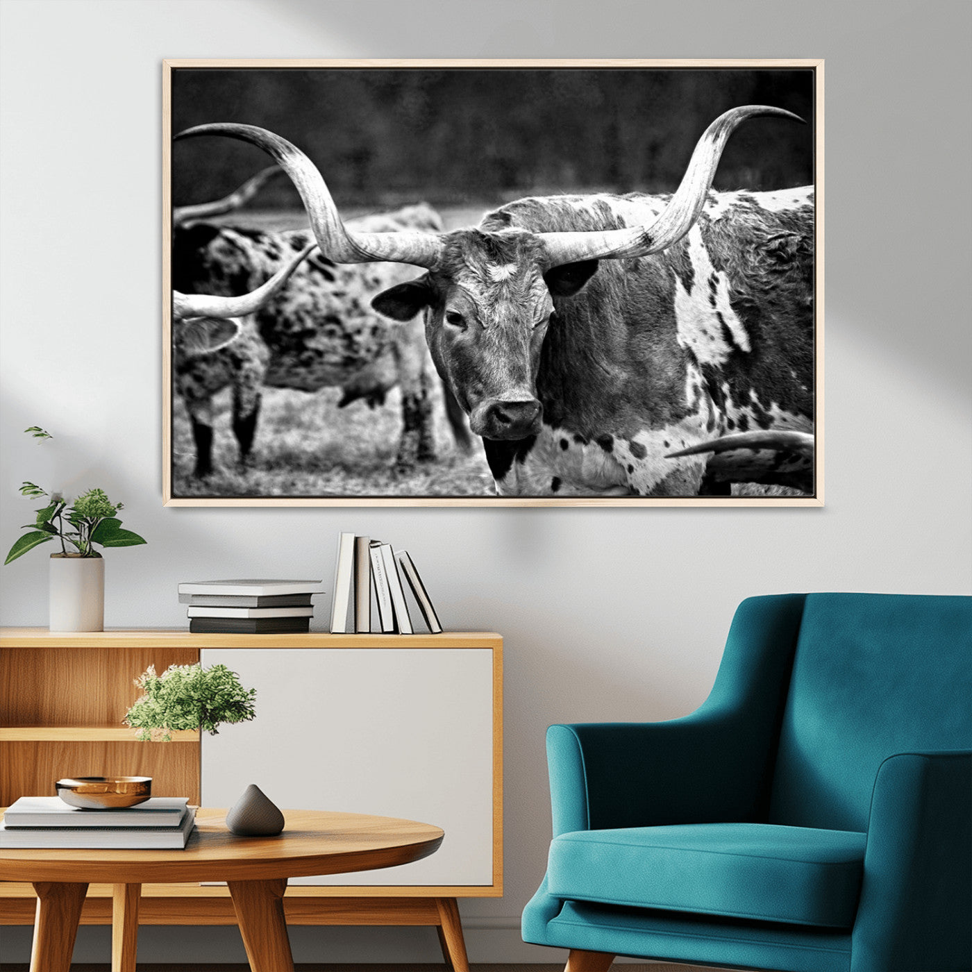 15425553-MGV-FC-36X24_Natural-Black & White Longhorn Cattle Wall Art Canvas Print, Rustic Farmhouse Western Design Artwork for Home, Office