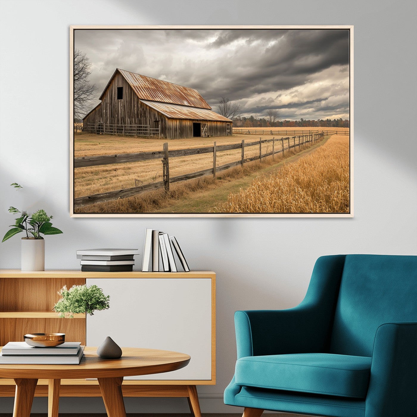 21991117-MGV-FC-36X24_Natural-Rustic Farm Barn Wall Art Canvas Print, Stormy Sky Country Landscape Artwork for Home, Office, Living Room