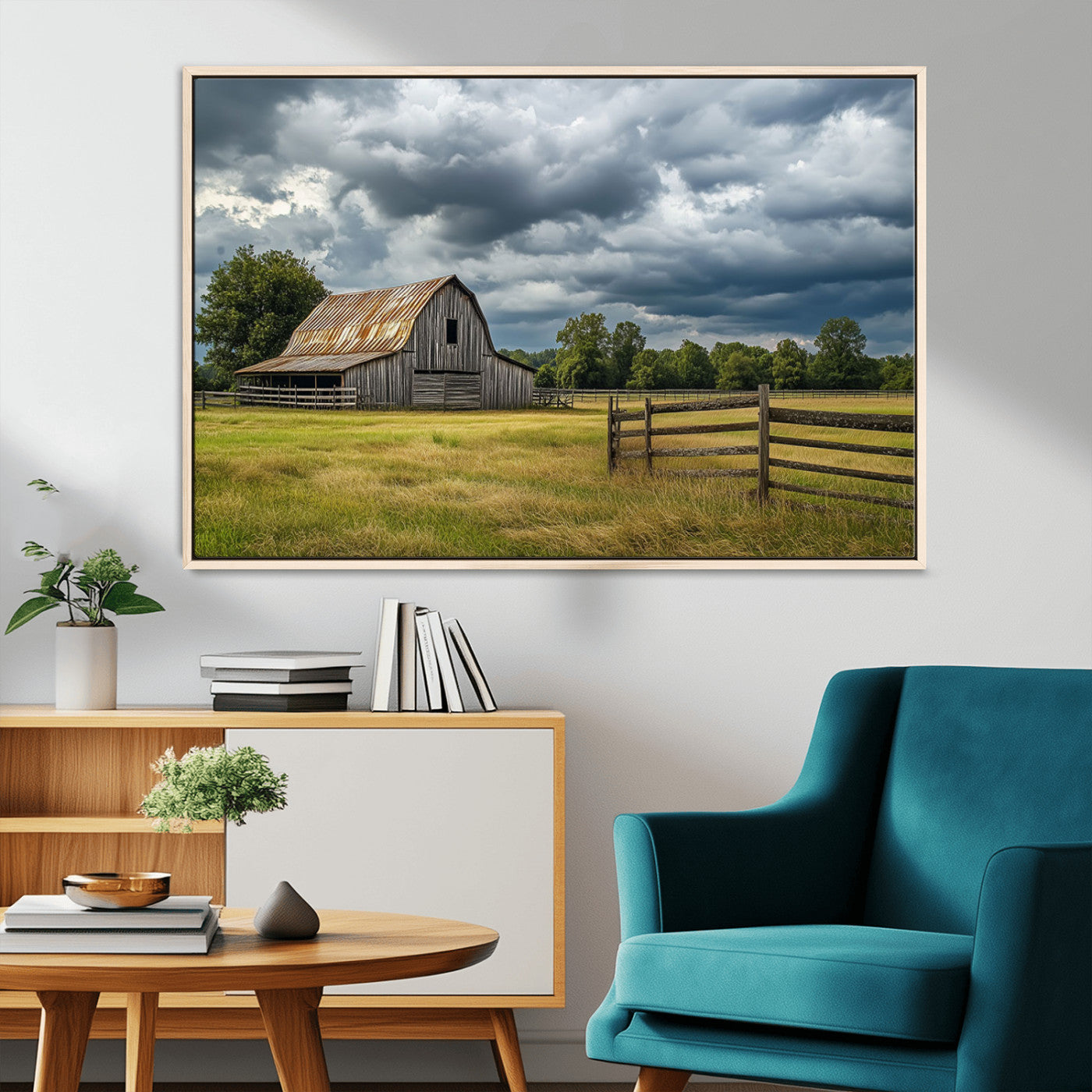 "Rustic barn in a wide open field under a dramatic sky with dark clouds, surrounded by a wooden fence and lush green trees."