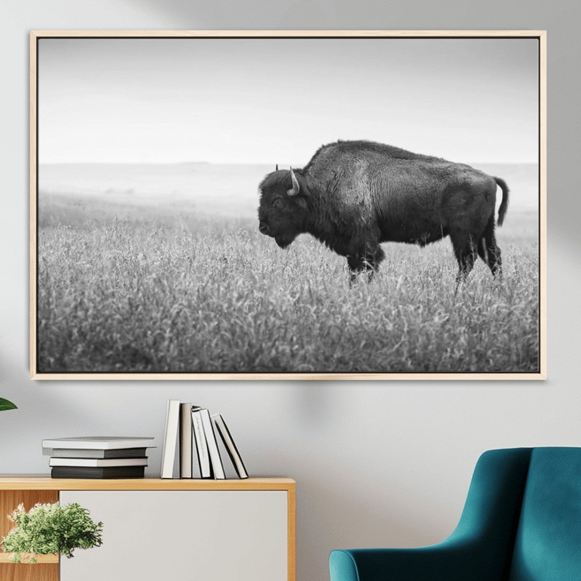 90861202-MGV-FC-36X24_Natural-Black and White Bison Canvas Wall Art, Rustic American Buffalo Print, Western Wildlife Photography for Home, Office